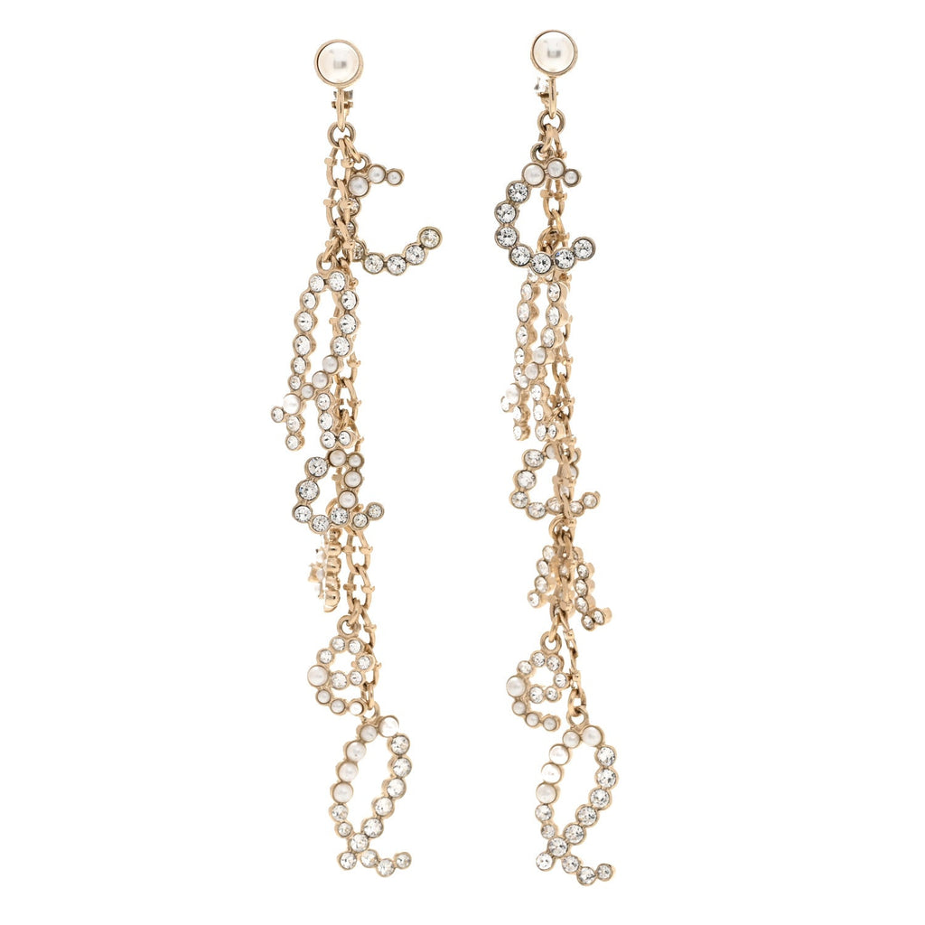 Chanel Crystal Pearl Drop Letter Earrings Gold