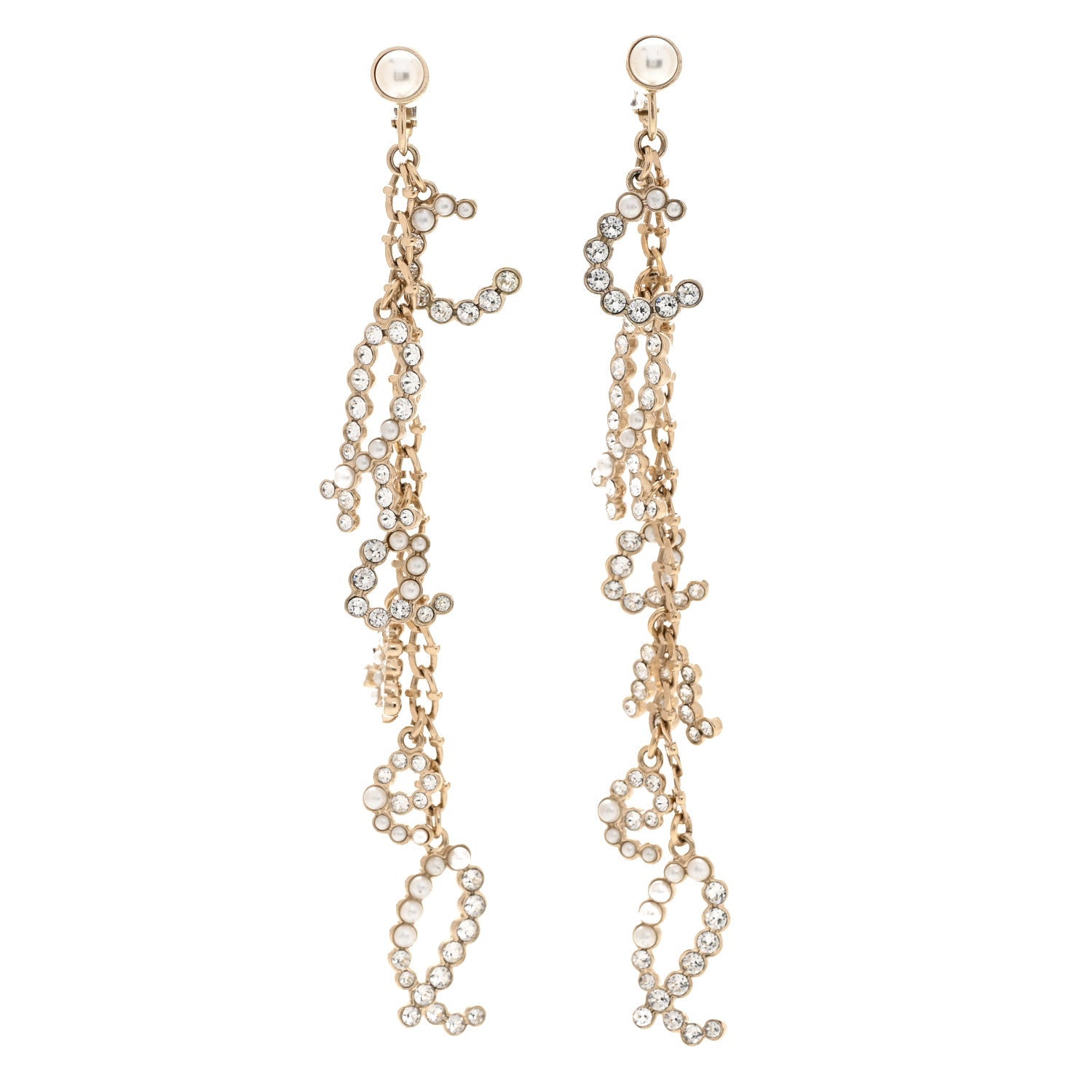 Chanel Crystal Pearl Drop Letter Earrings Gold