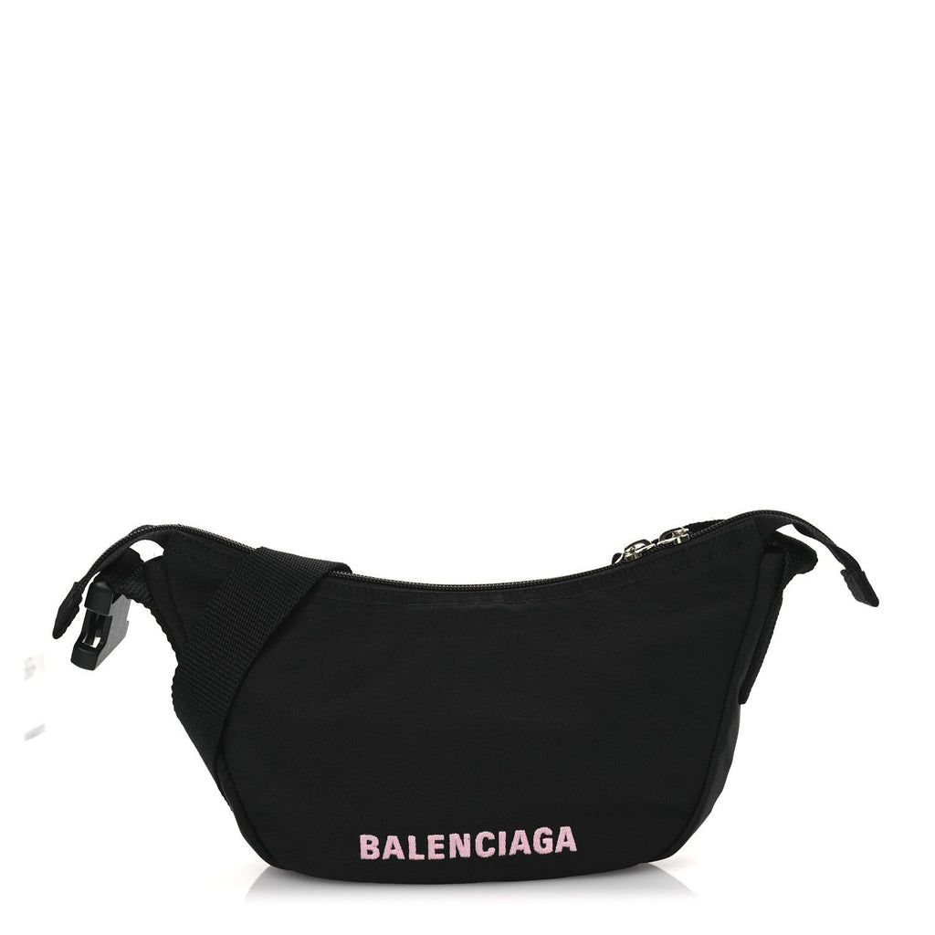 Balenciaga Recycled Sport Nylon Logo Embroidered Wheel Sling Bag Black Pink