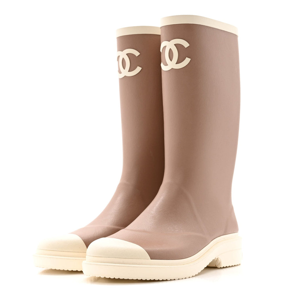 Chanel Caoutchouk CC High Boots 38 Beige White
