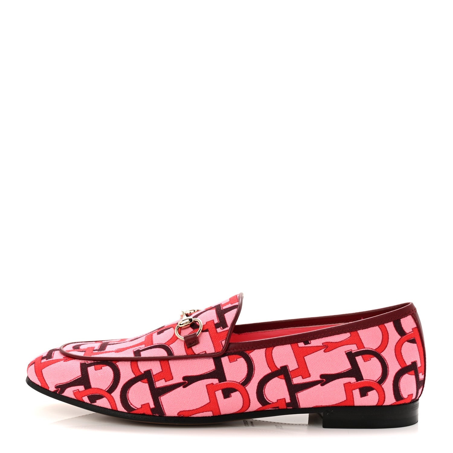 Gucci Betis Glamour Canvas Horsebit Print Womens Jordaan Loafers 39.5 Pink Rosso Ancora