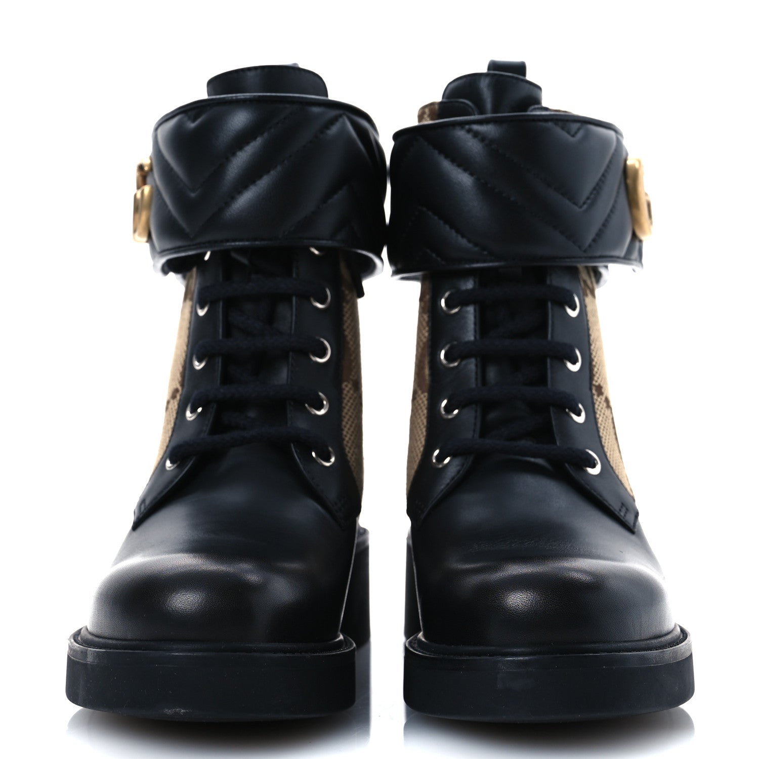 Gucci Flores Calfskin Monogram Maxi GG Nappa Matelasse Double G 40mm Ankle Boots 37 Black Camel Ebony