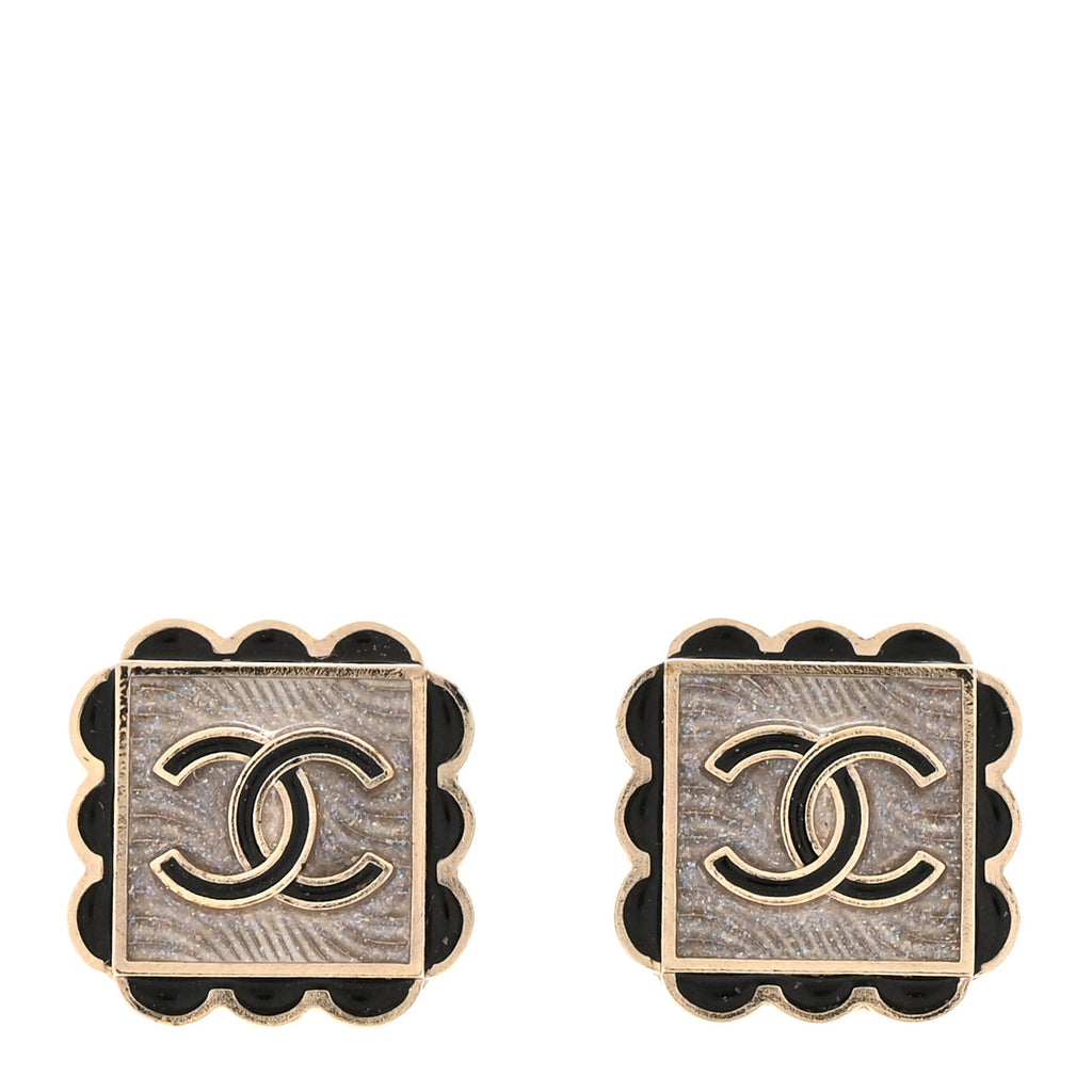 Chanel Resin CC Square Clip On Earrings Gold Black