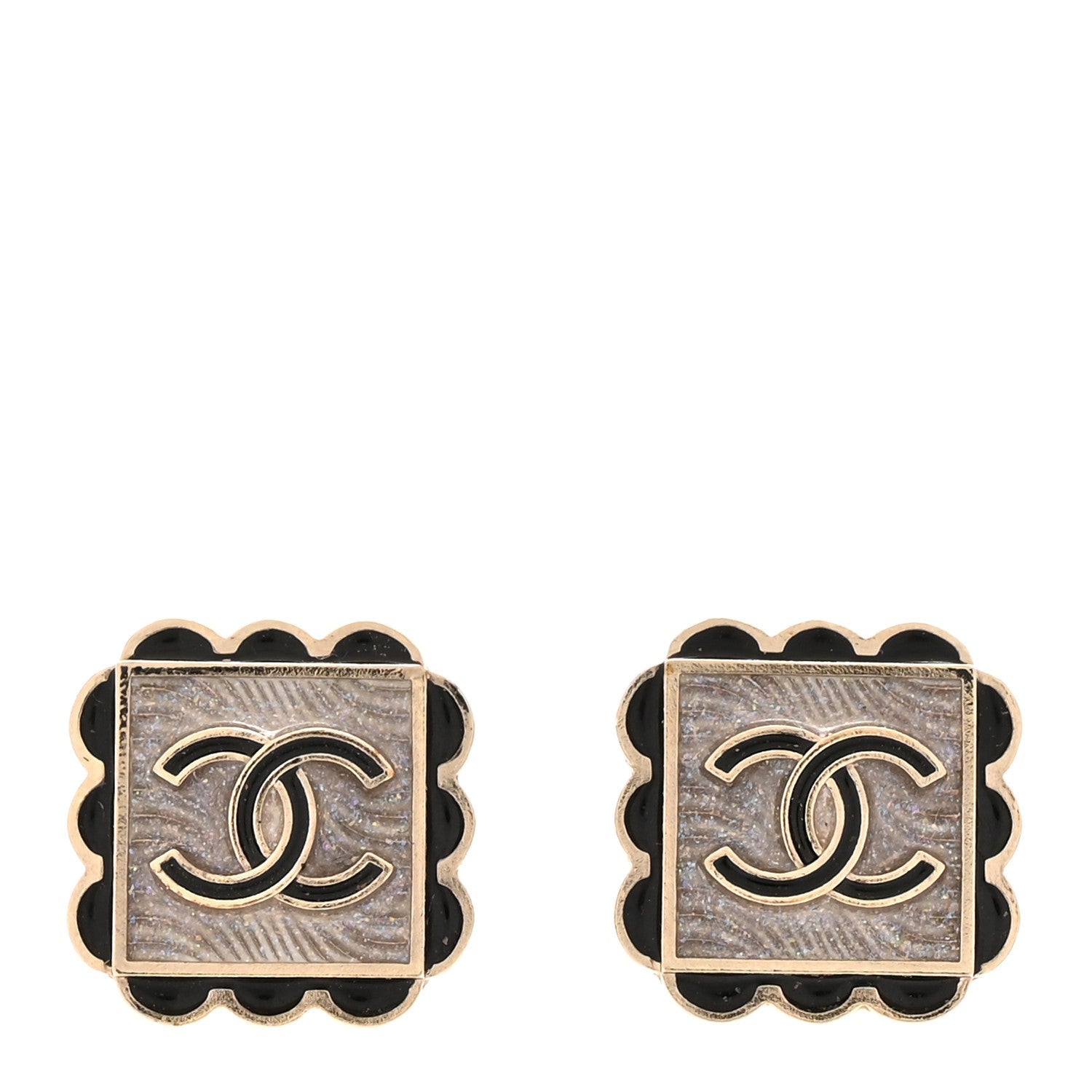 Chanel Resin CC Square Clip On Earrings Gold Black