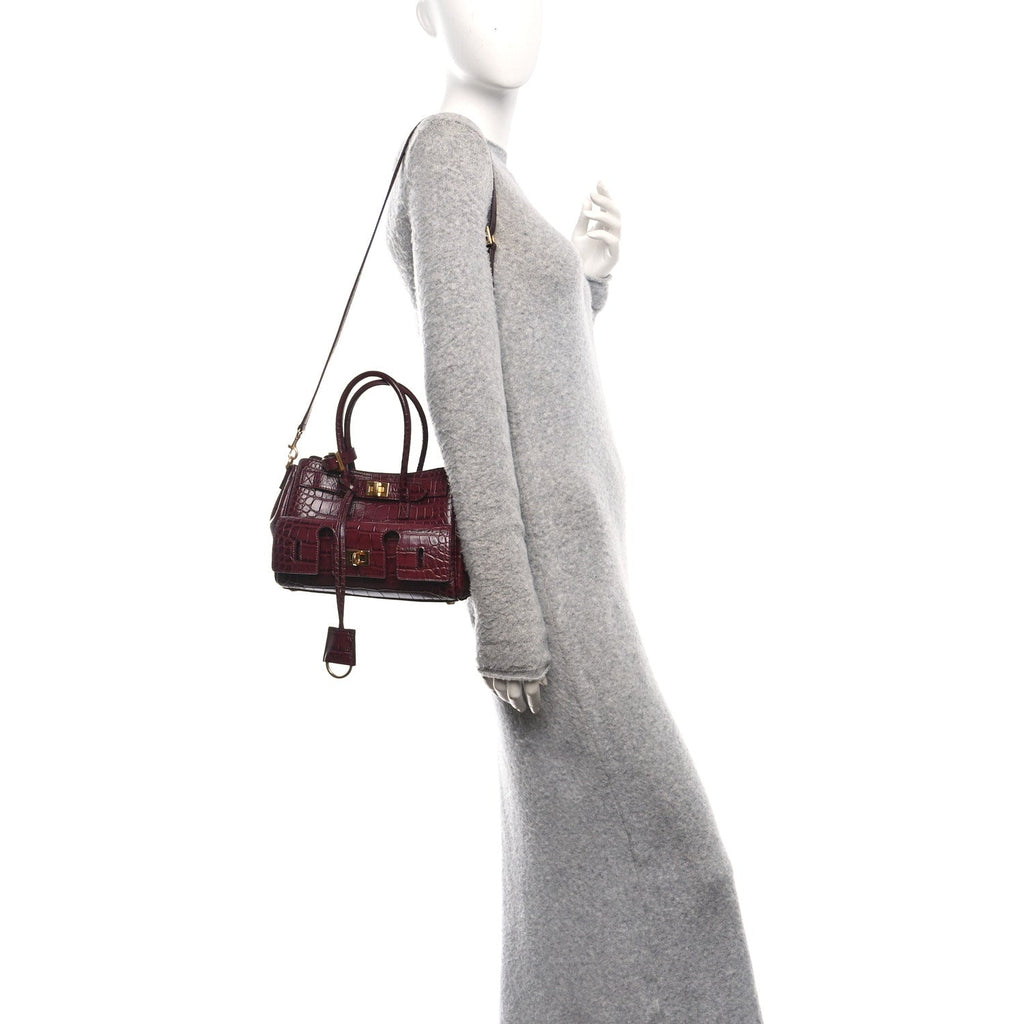 Balenciaga Calfskin Crocodile Embossed Mini Bel Air Carry All Bag Dark Burgundy