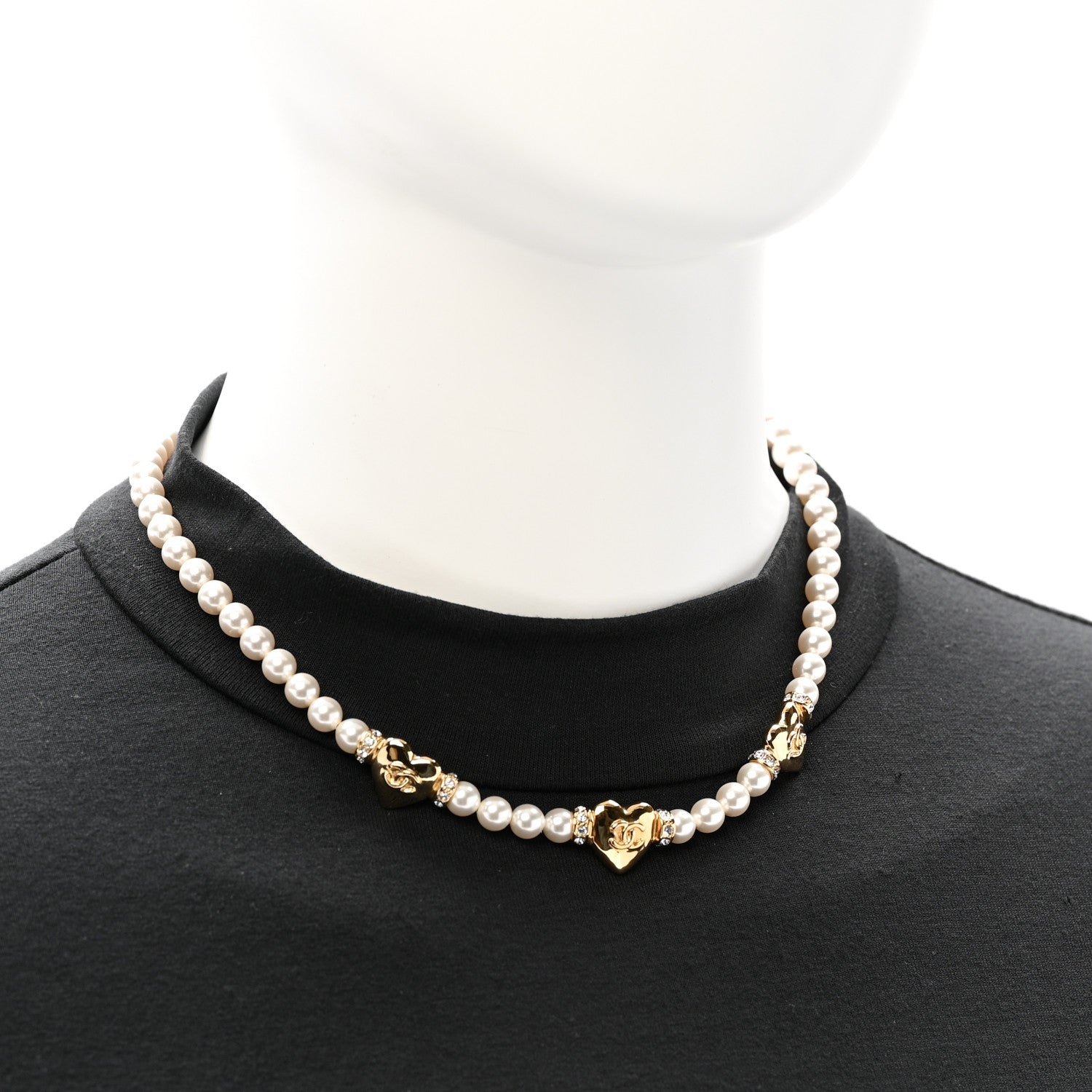 Chanel Crystal Pearl CC Heart Choker Necklace Gold
