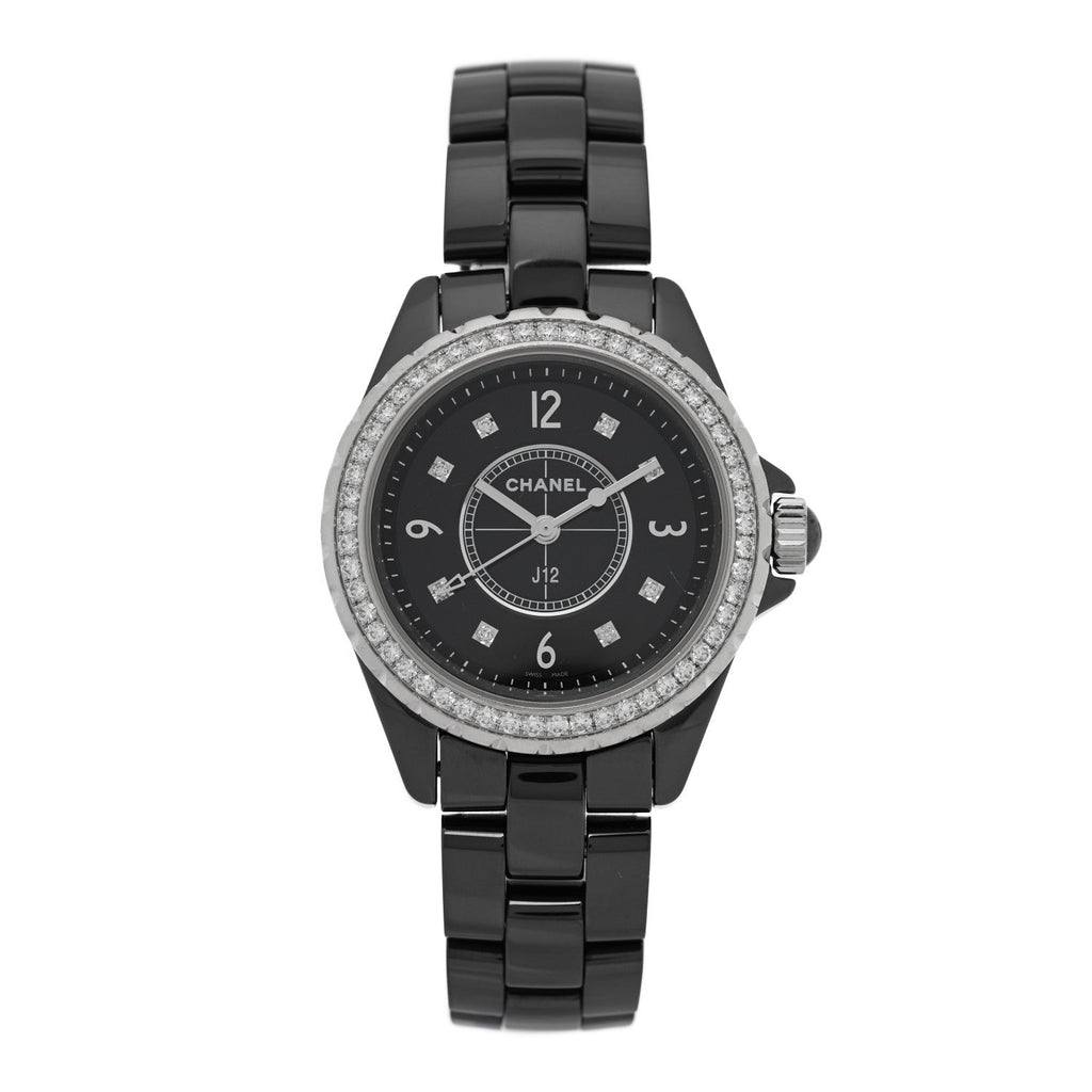 Chanel Stainless Steel Ceramic Diamond Bezel 33mm J12 Quartz Watch Black