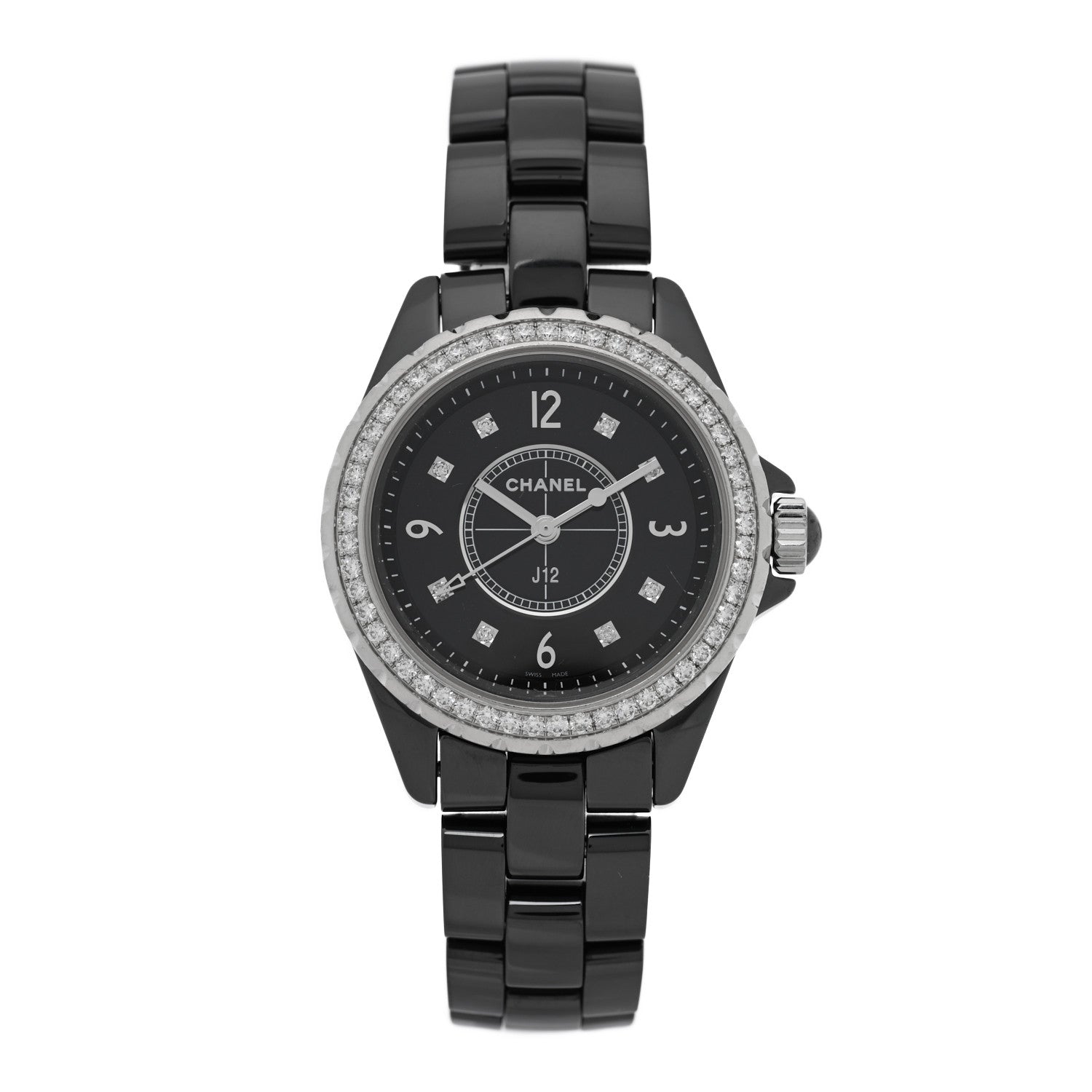 Chanel Stainless Steel Ceramic Diamond Bezel 33mm J12 Quartz Watch Black