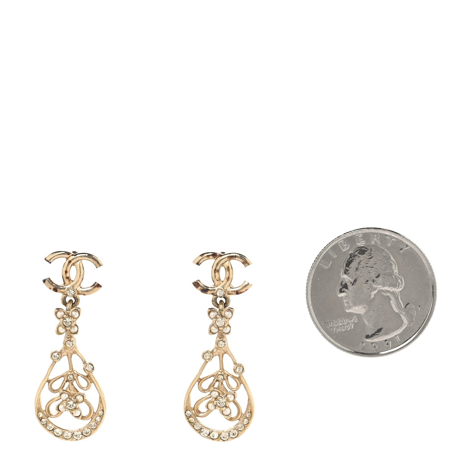 Chanel Pearl Crystal CC Drop Earrings Gold