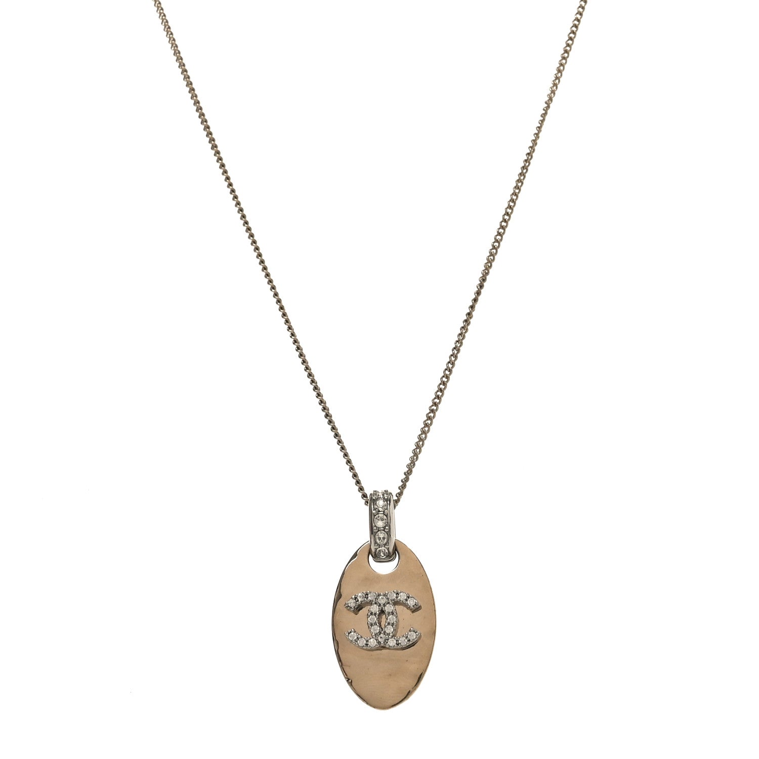 Chanel Crystal CC Oval Tag Pendant Necklace Gold