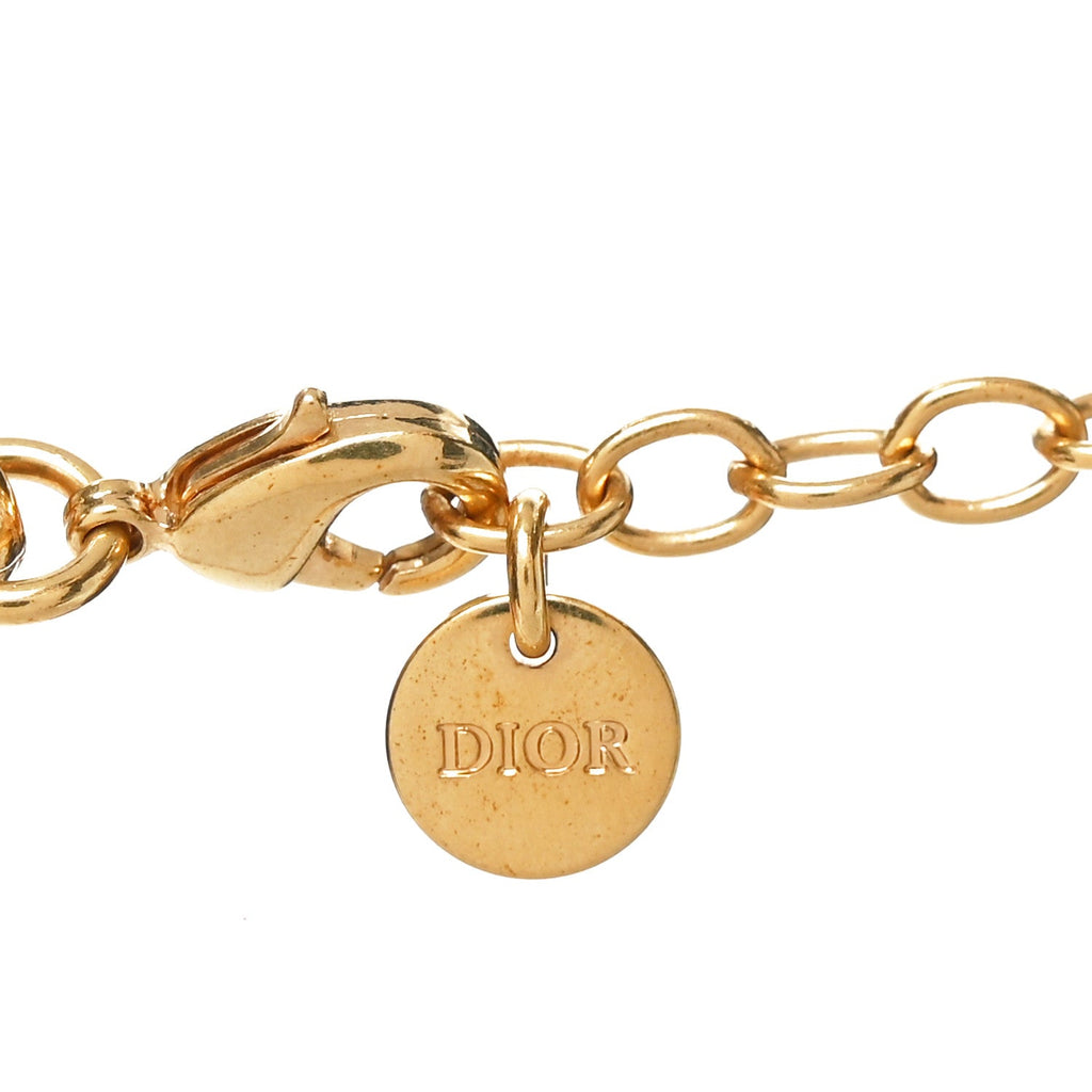 Christian Dior Crystal Pearl CD Chain Necklace Gold
