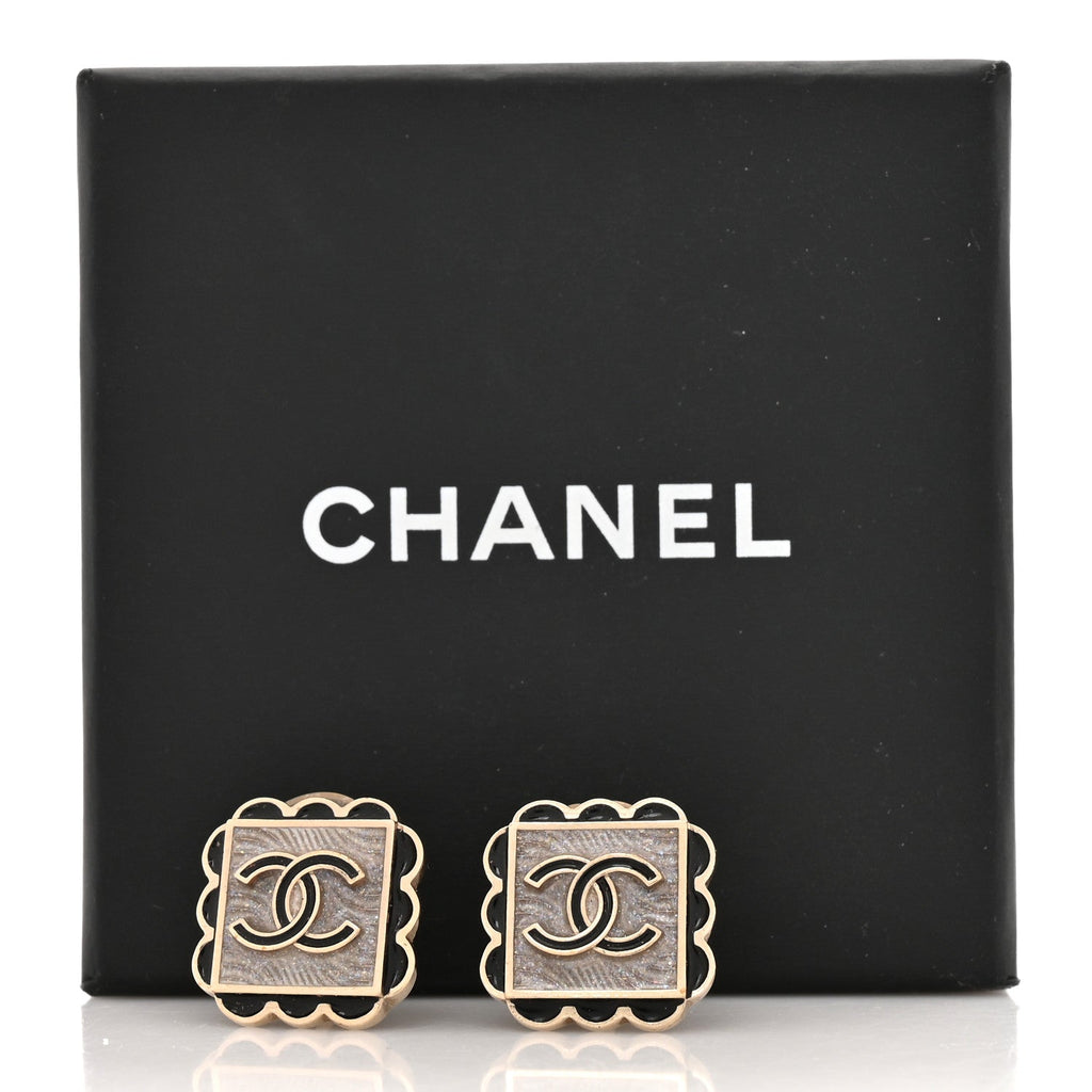 Chanel Resin CC Square Clip On Earrings Gold Black