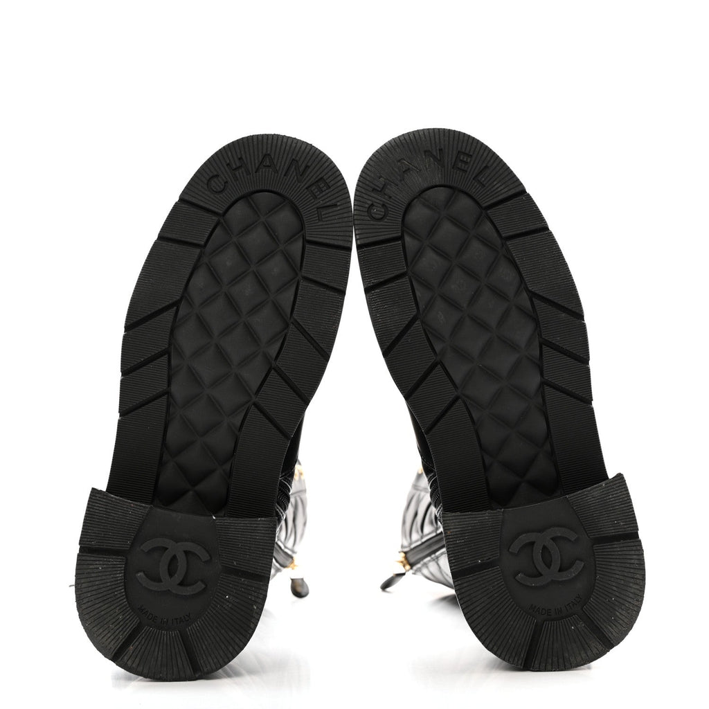 Chanel Calfskin Quilted Logo Lace Up Tall Combat Boots 37.5 Black