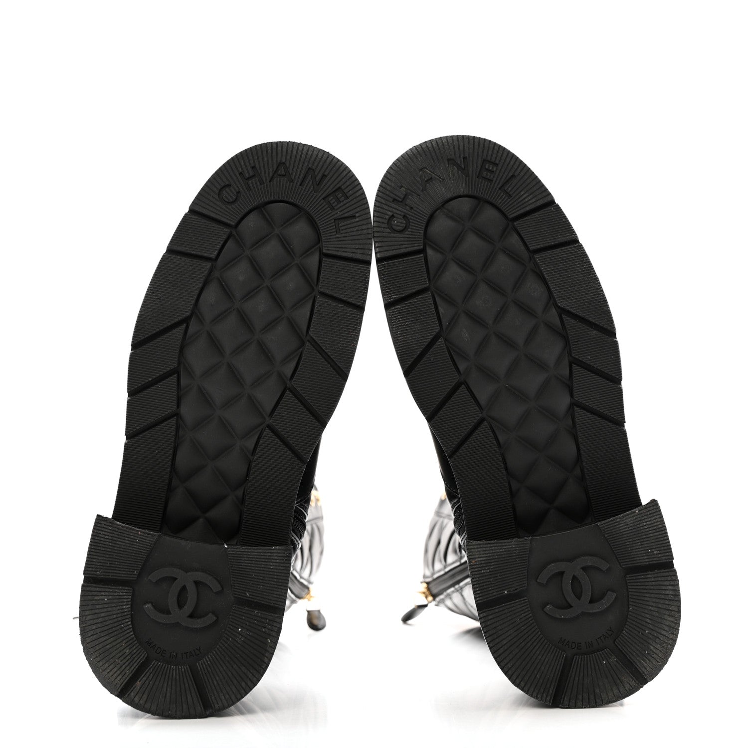 Chanel Calfskin Quilted Logo Lace Up Tall Combat Boots 37.5 Black