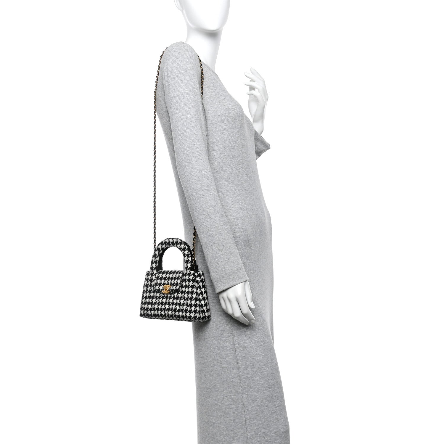Chanel Tweed Houndstooth Quilted Nano Kelly Shopper Black White