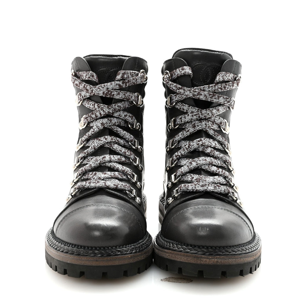 Chanel Lambskin Quilted Lace Up Boots 35.5 Grey
