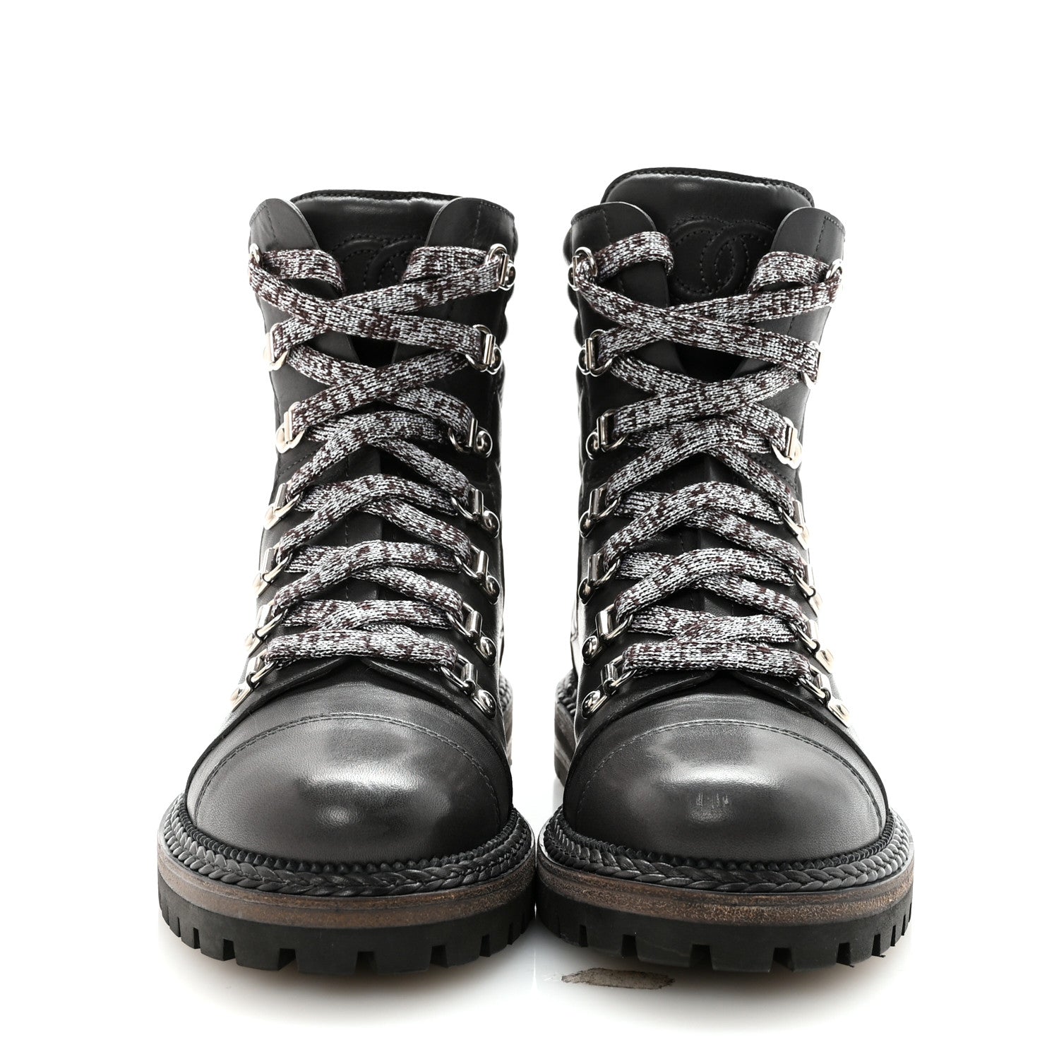 Chanel Lambskin Quilted Lace Up Boots 35.5 Grey