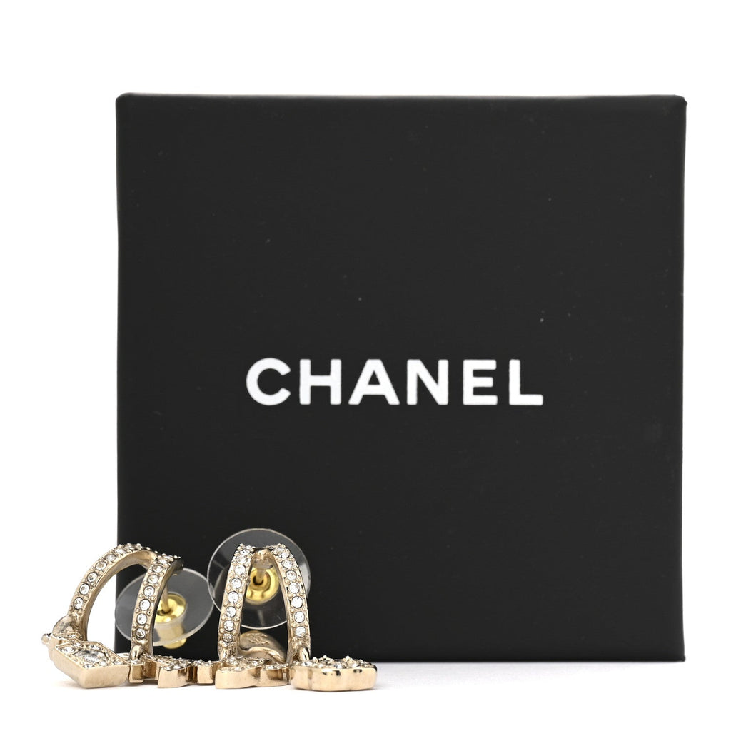 Chanel Crystal CC Camellia Perfume Bottle Double Hoop Earrings Gold