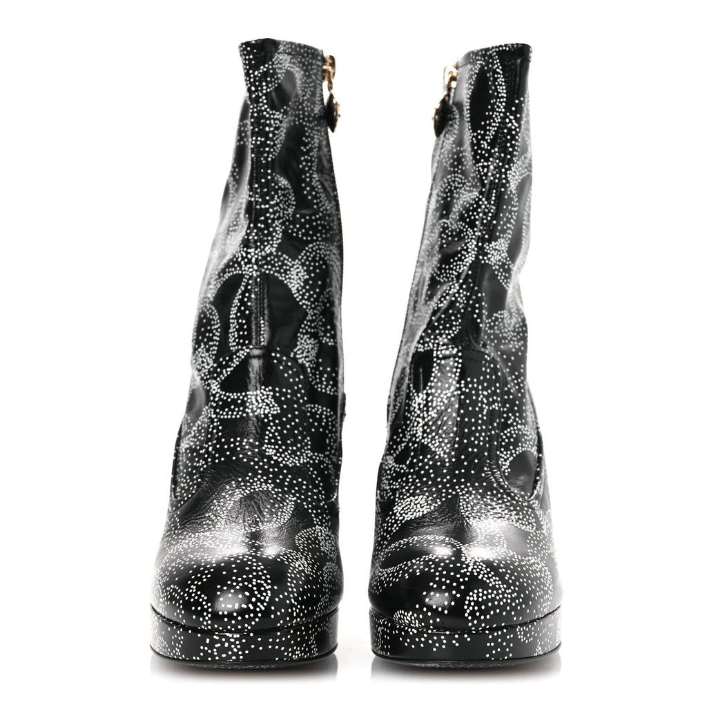 Chanel Calfskin Camellia Printed Ankle Boots 38.5 Black White