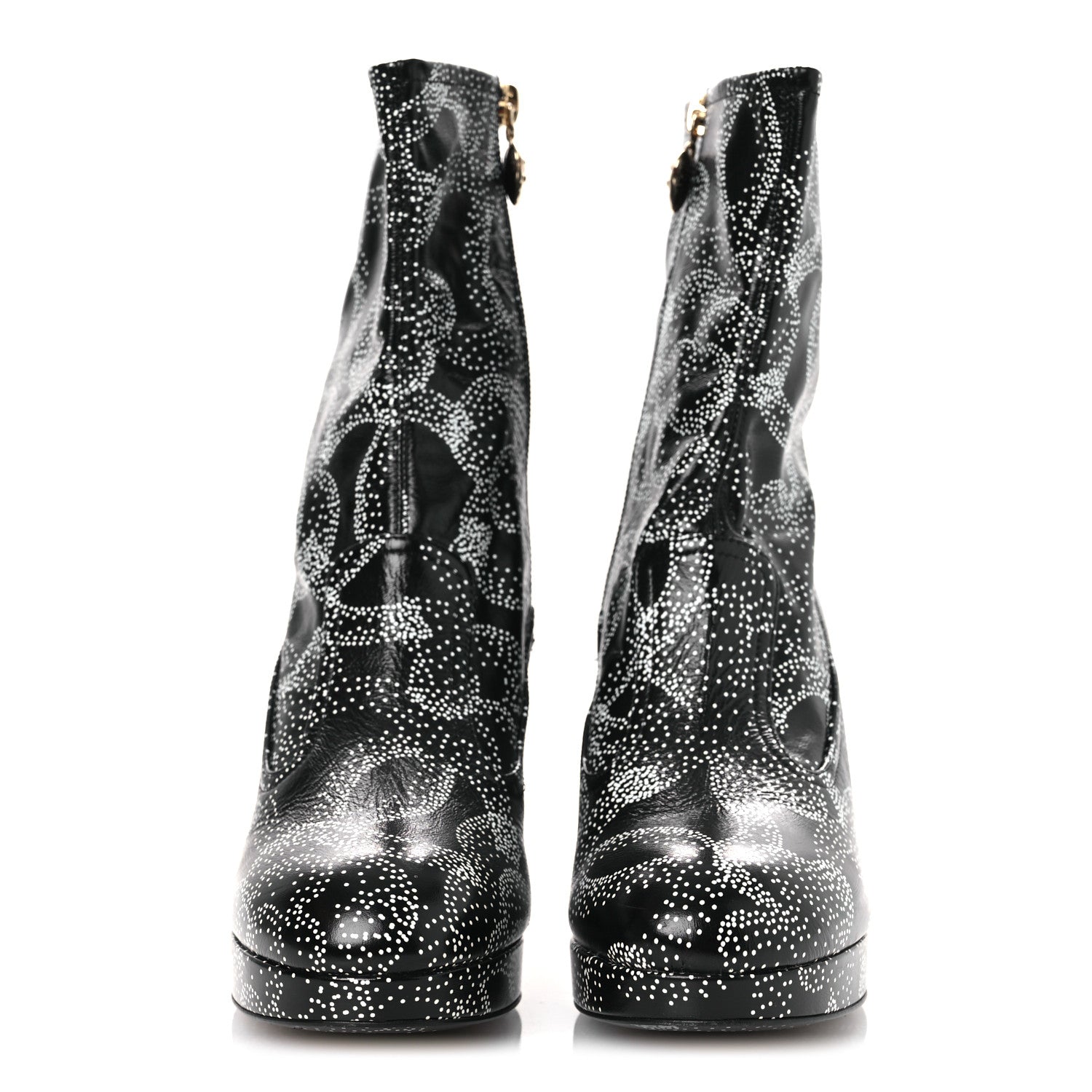 Chanel Calfskin Camellia Printed Ankle Boots 38.5 Black White