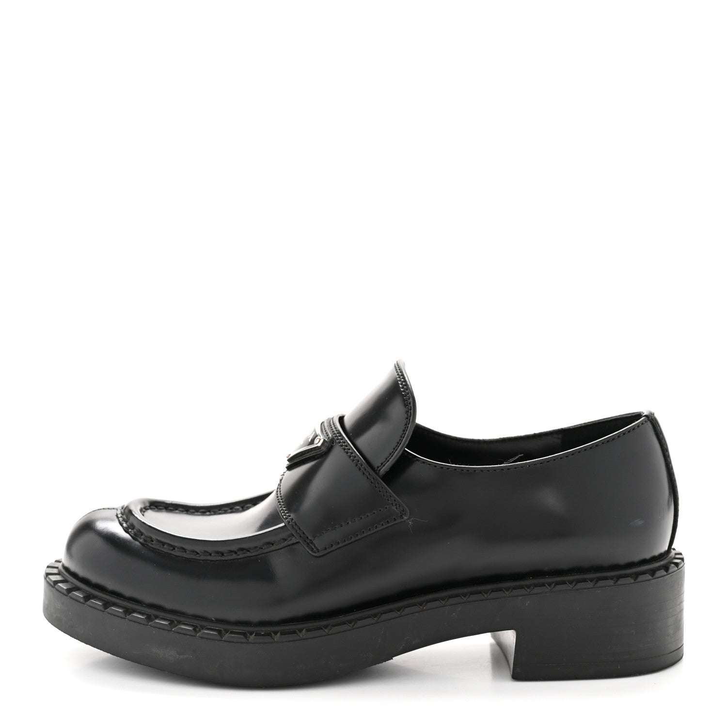 Prada Spazzolato Metal Triangle Logo 50mm Loafers 36.5 Black