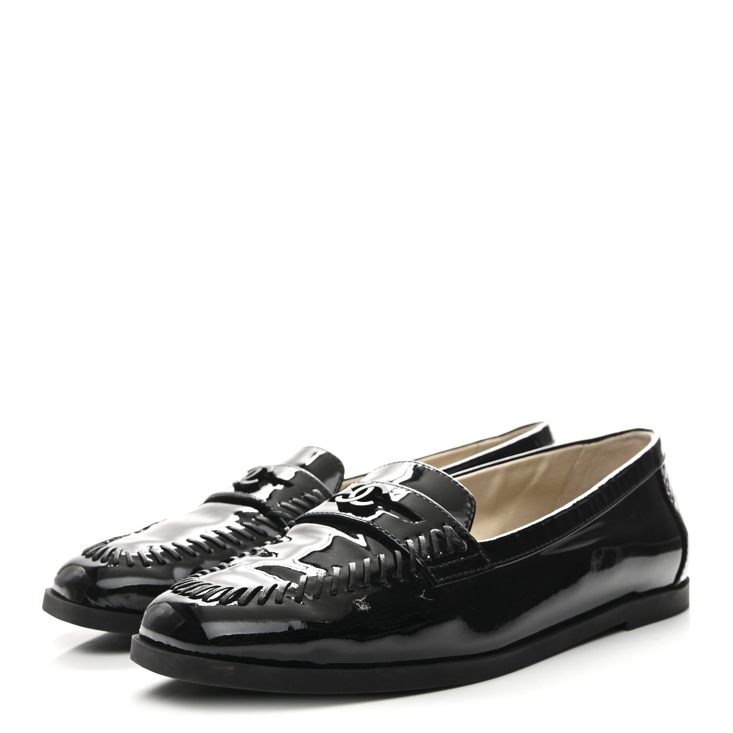 Chanel Patent CC Mocassin Loafers 38 Black