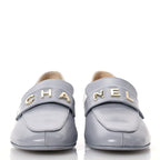 Chanel Shiny Calfskin Logo Loafers 37 Light Grey