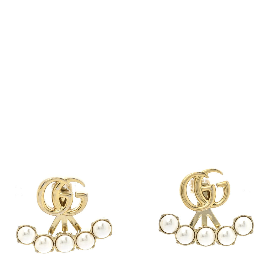 Gucci Metal Pearl Double G Drop Earrings Gold