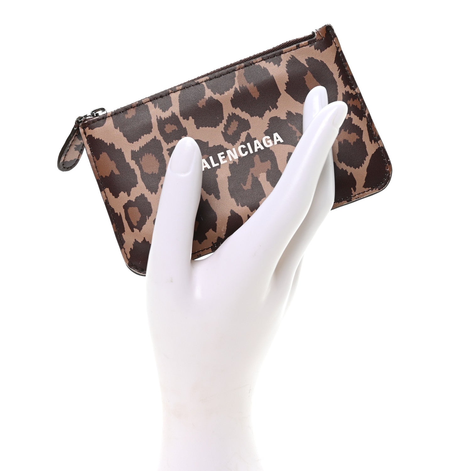 Balenciaga Calfskin Logo Leopard Print Cash Long Coin Card Holder Beige White