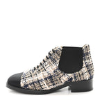 Chanel Tweed Calfskin Pearl Combat Short Boots 36 Beige Pink Black