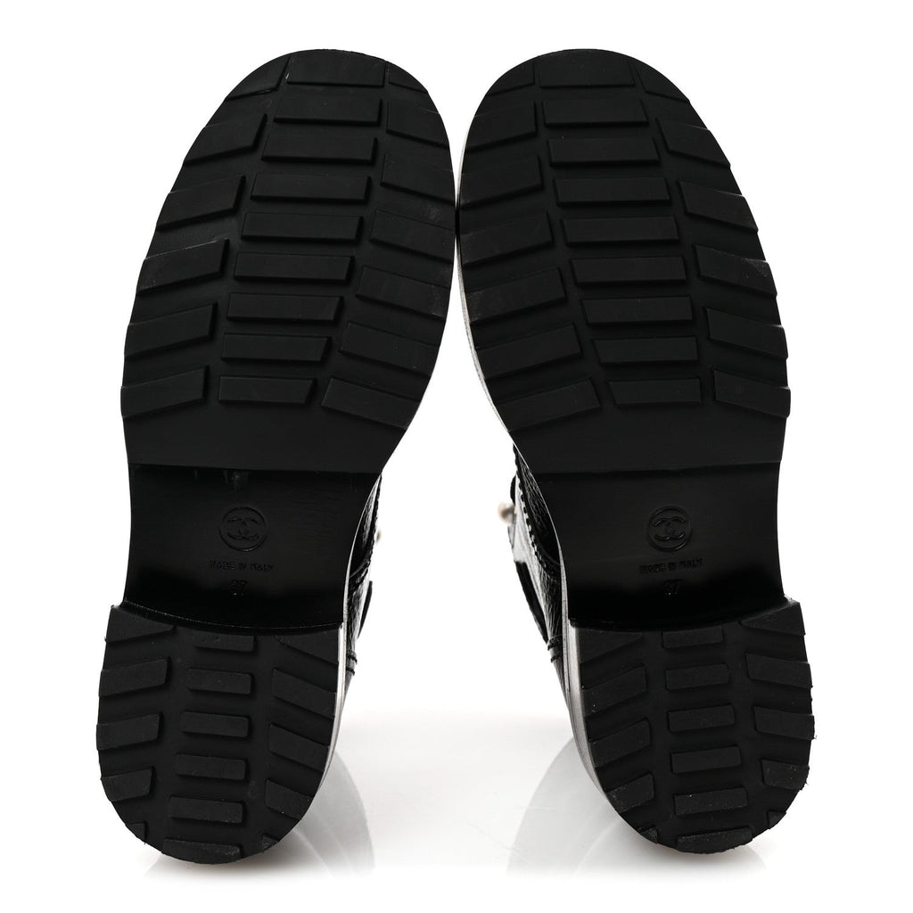 Chanel Shiny Calfskin Velvet Pearl Combat Short Boots 37 Black