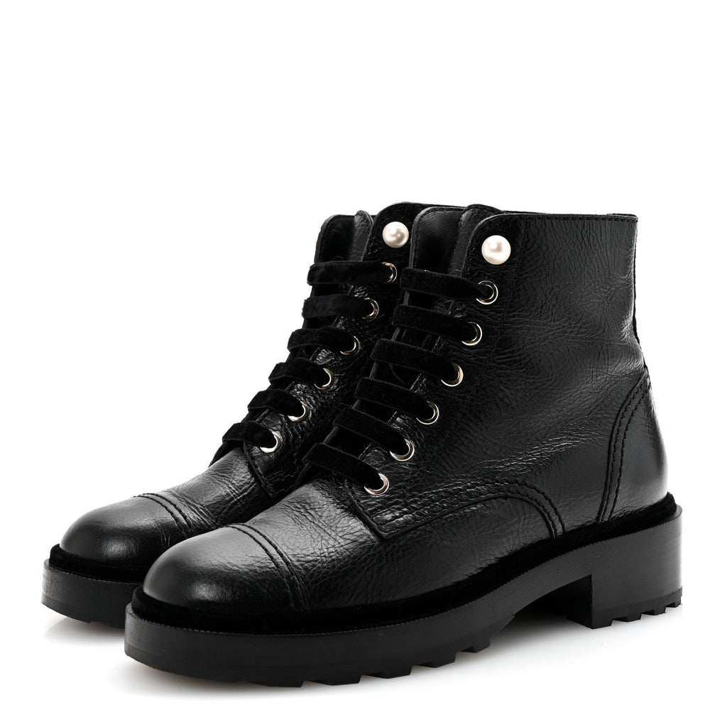 Chanel Shiny Calfskin Velvet Pearl Combat Short Boots 37 Black