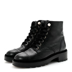 Chanel Shiny Calfskin Velvet Pearl Combat Short Boots 37 Black