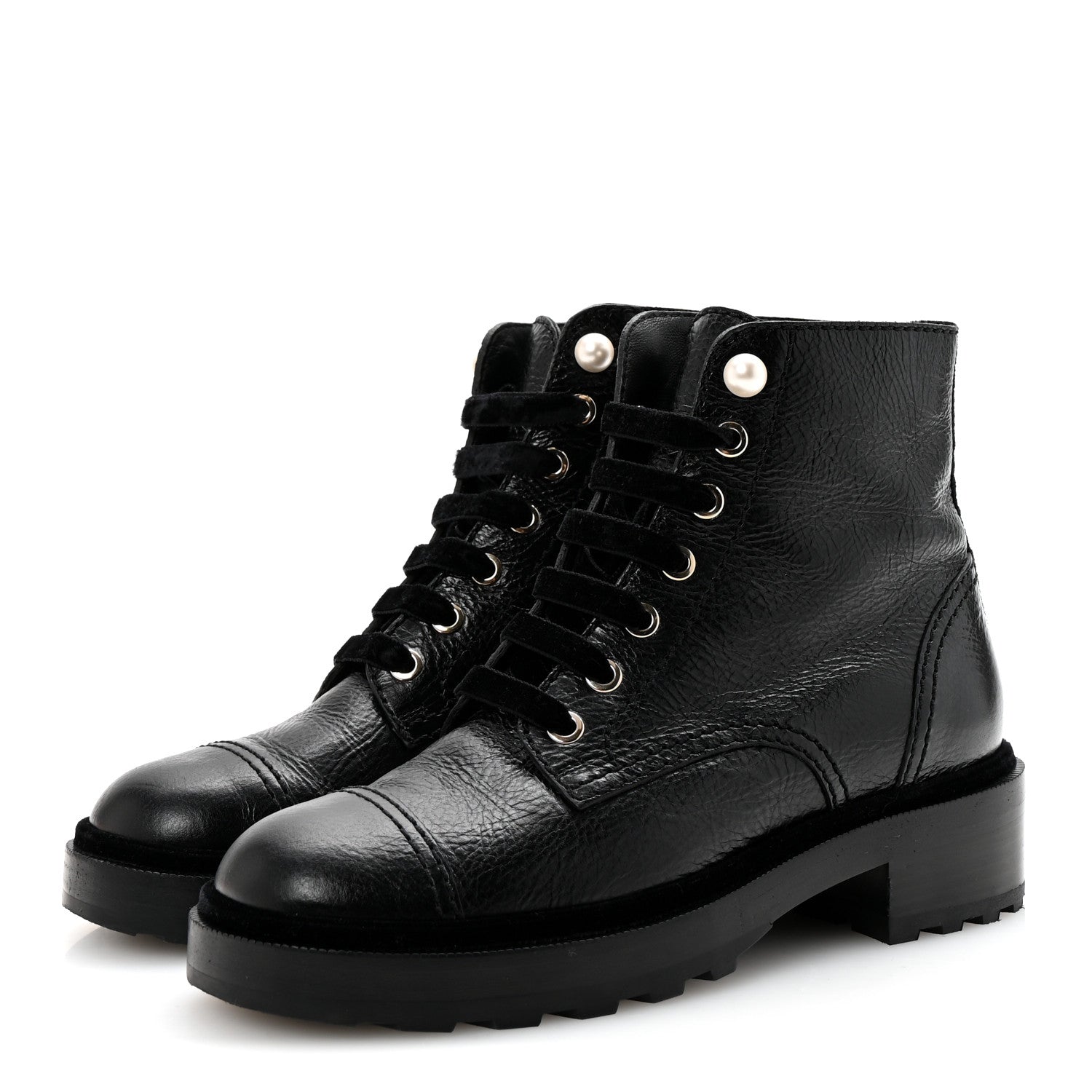 Chanel Shiny Calfskin Velvet Pearl Combat Short Boots 37 Black