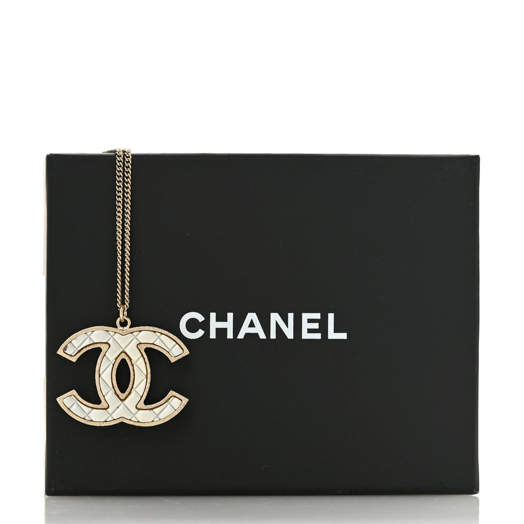 Chanel Metal Quilted CC Pendant Necklace Gold White