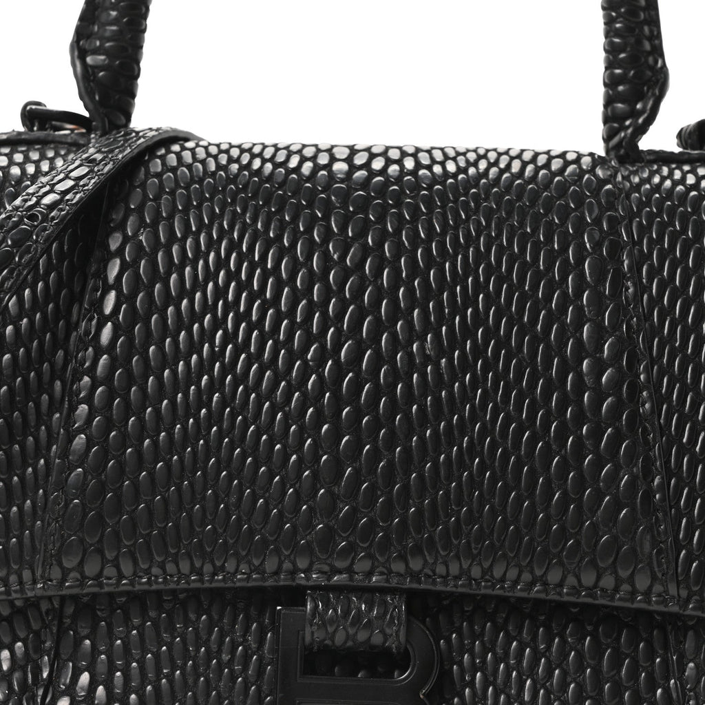 Balenciaga Matte Calfskin Snake Embossed Tonal B Small Hourglass Top Handle Bag Black