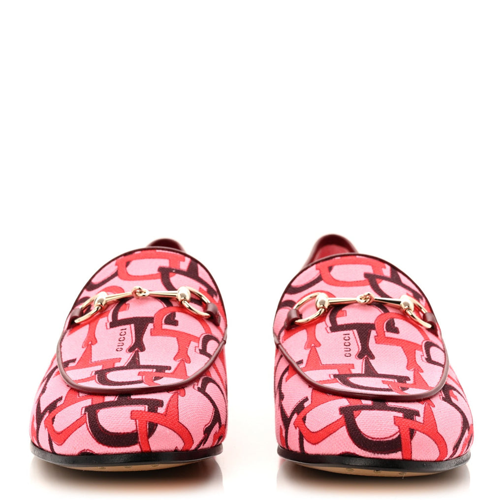 Gucci Betis Glamour Canvas Horsebit Print Womens Jordaan Loafers 39.5 Pink Rosso Ancora