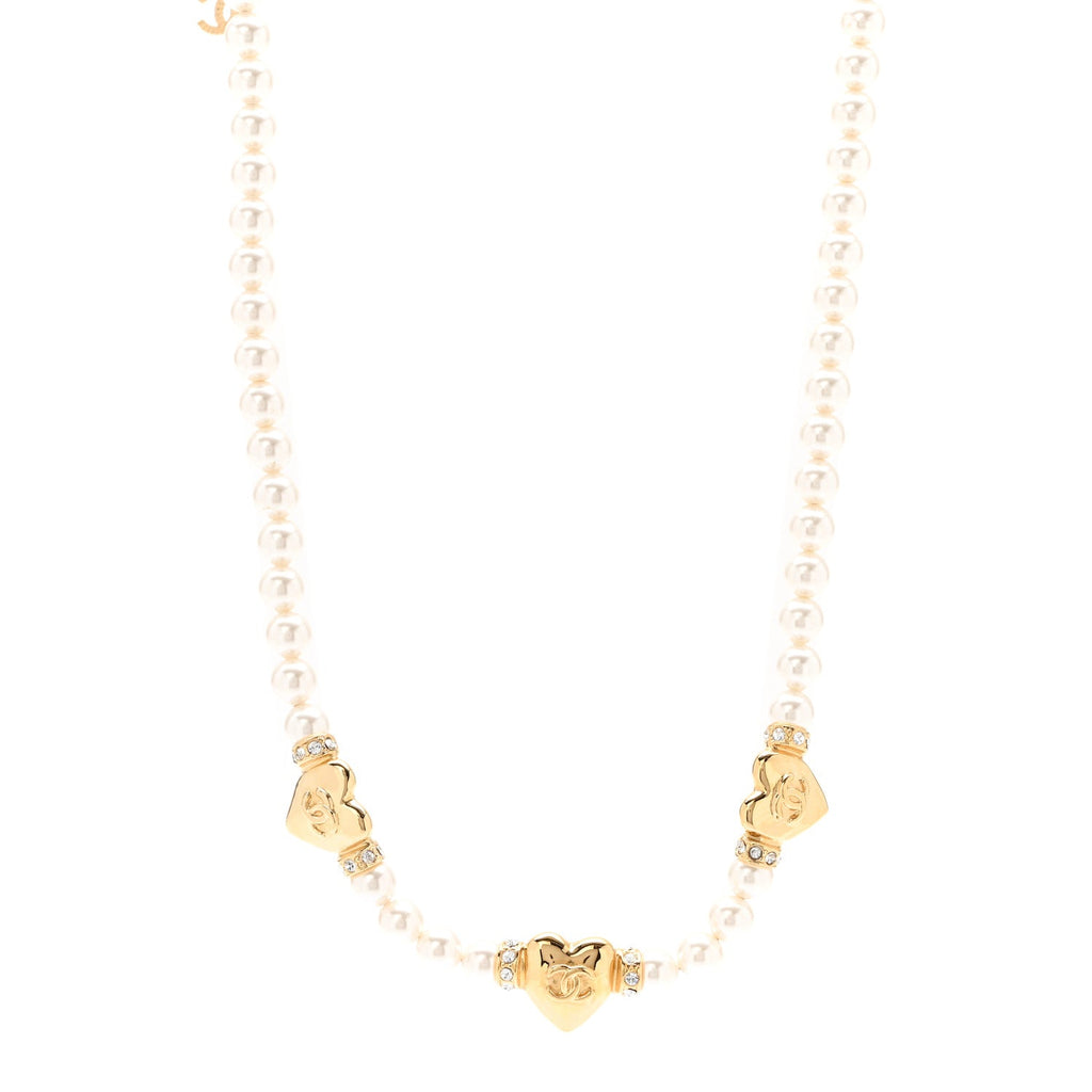 Chanel Crystal Pearl CC Heart Choker Necklace Gold