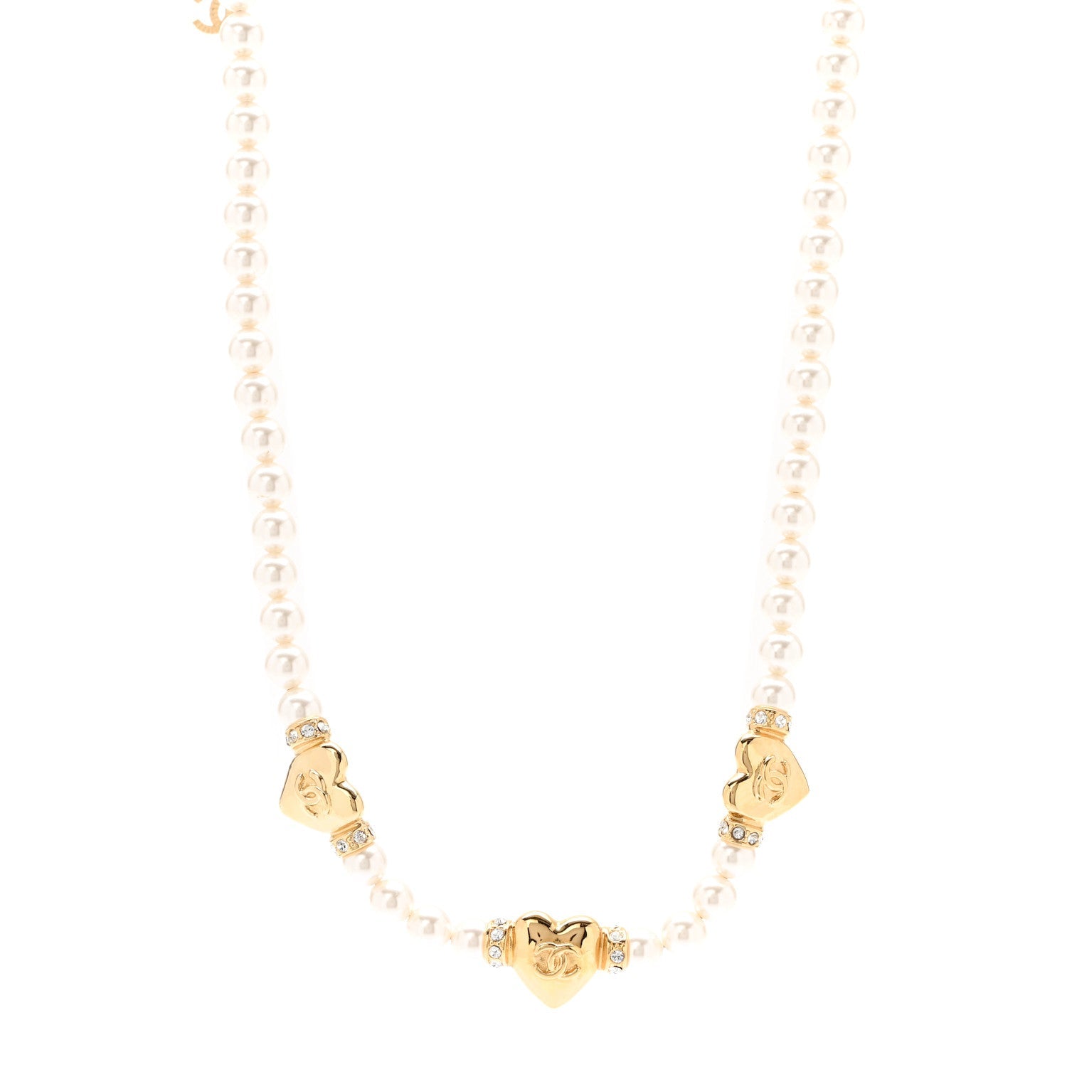 Chanel Crystal Pearl CC Heart Choker Necklace Gold