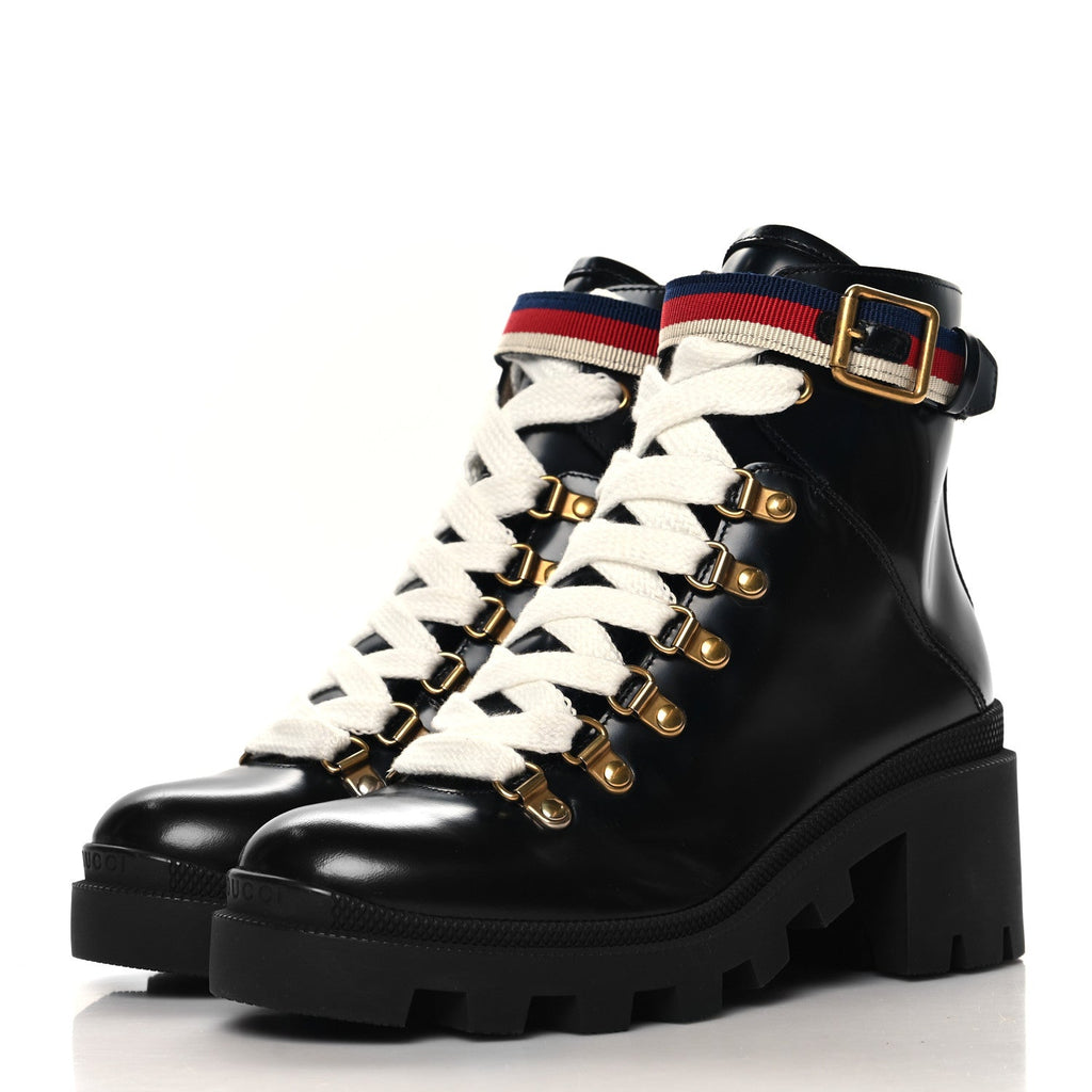 Gucci Calfskin Sylvie Web Lace Up Combat Boots 35 Black