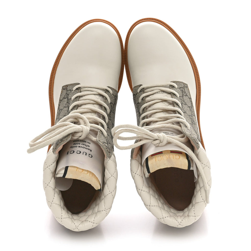 Gucci Calfskin GG Supreme Monogram Nappa Quilted Lace Up Ankle Boots 41 Mystic White Beige