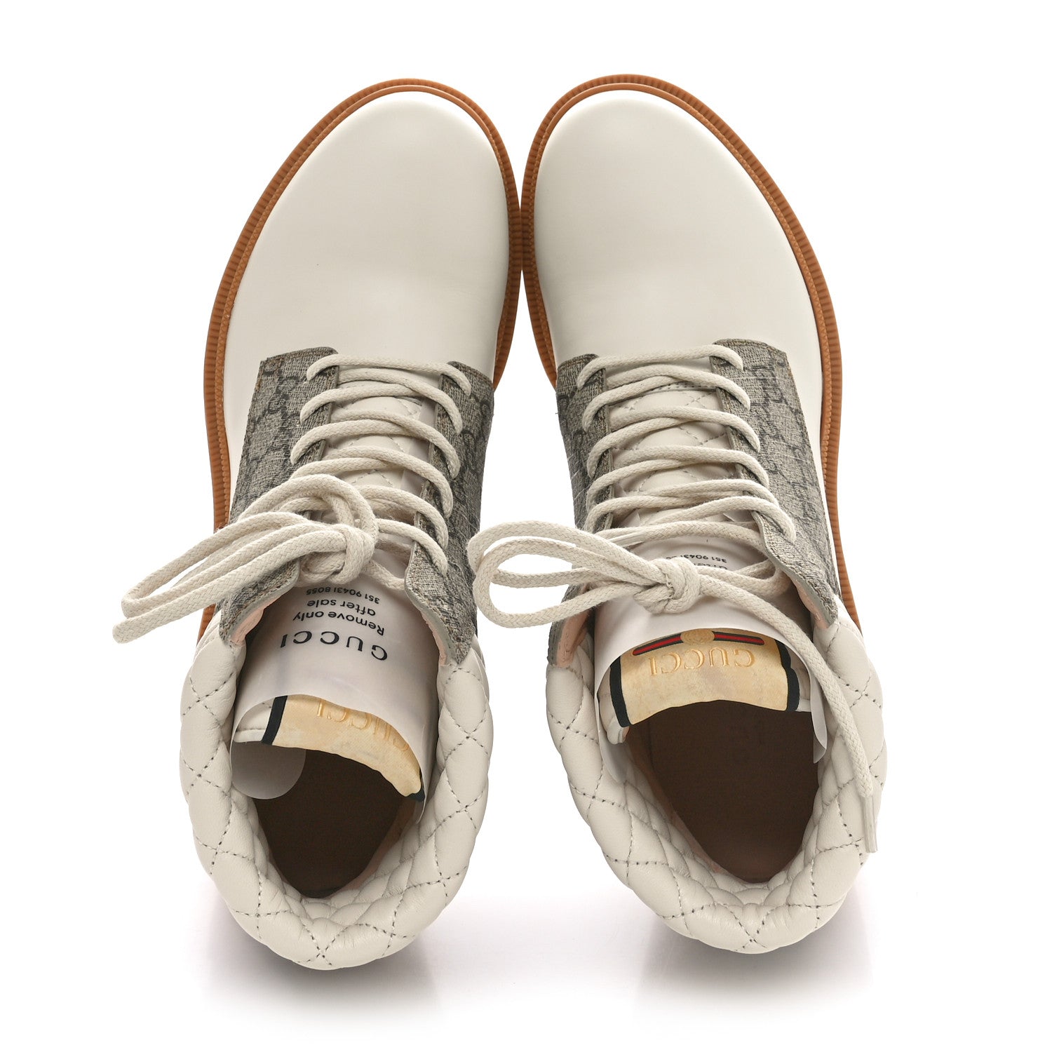 Gucci Calfskin GG Supreme Monogram Nappa Quilted Lace Up Ankle Boots 41 Mystic White Beige