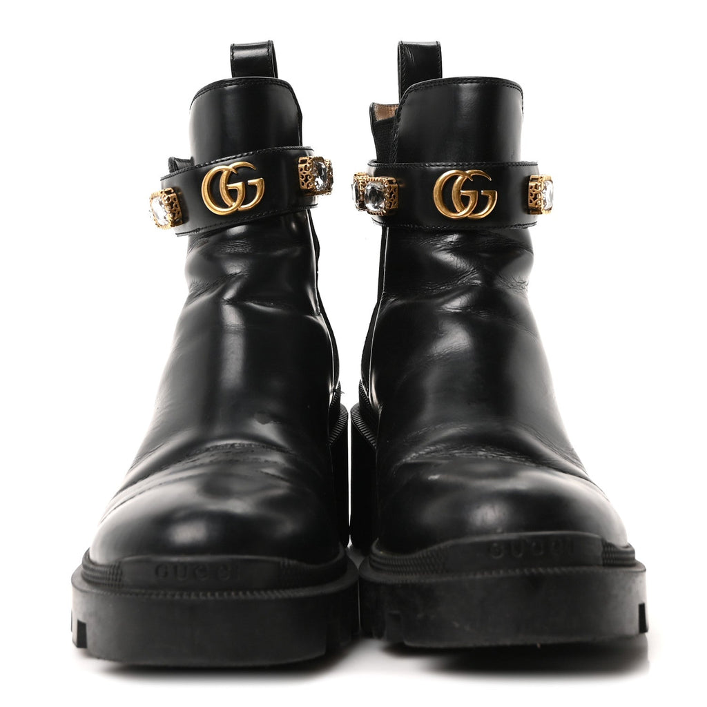 Gucci Calfskin Crystal GG Trip Chelsea Ankle Boots 38 Black