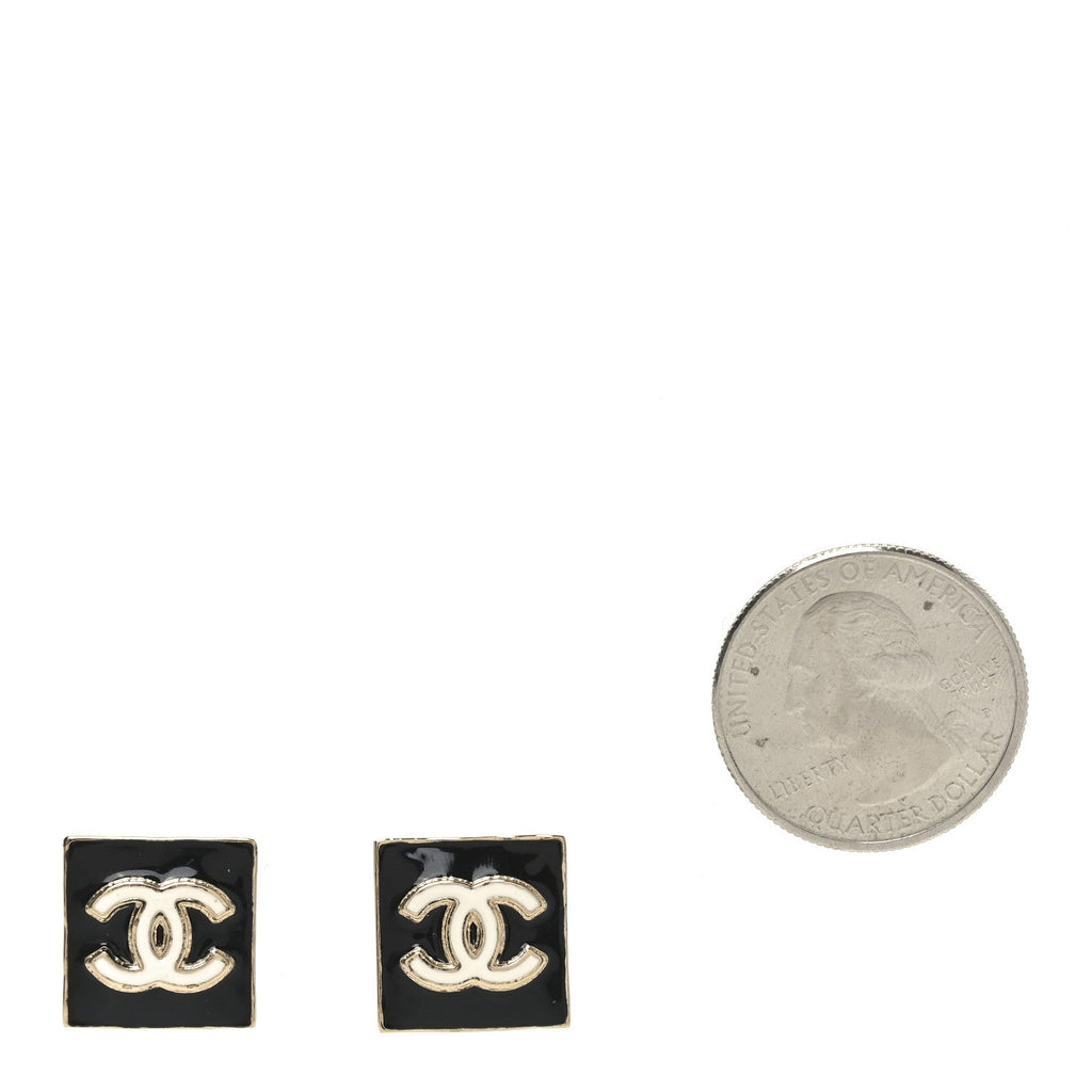 Chanel Enamel CC Square Earrings Black White