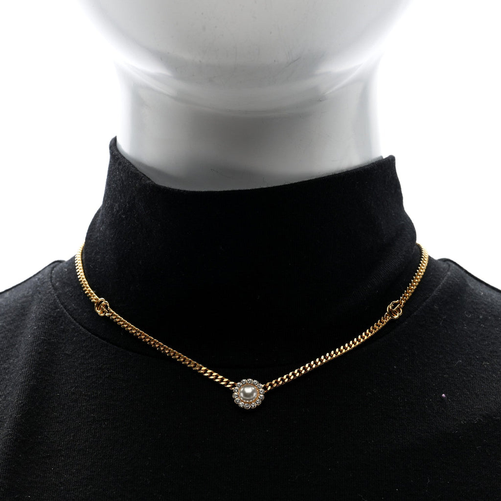 Gucci Crystal Pearl Double G Marmont Flower Necklace Gold