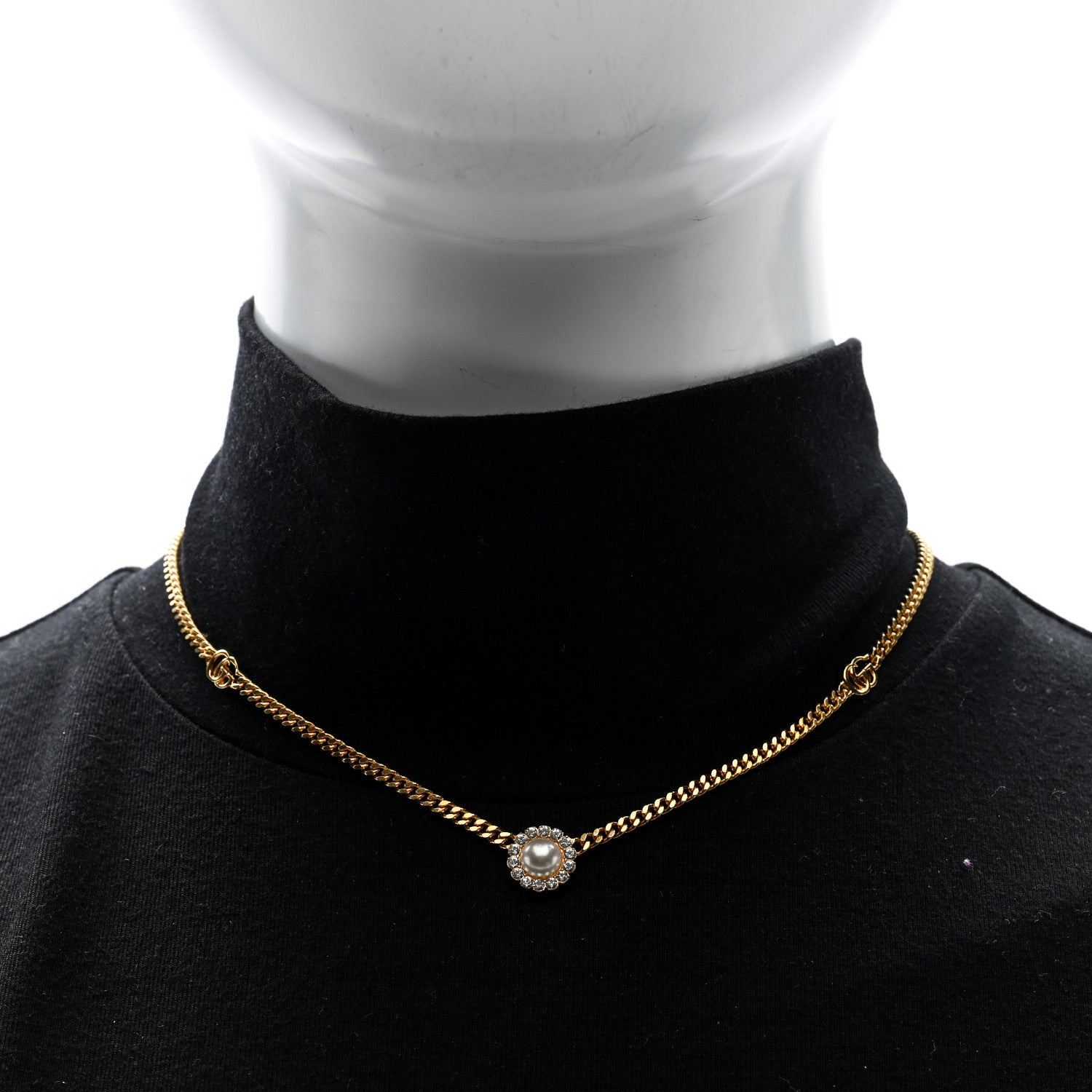 Gucci Crystal Pearl Double G Marmont Flower Necklace Gold