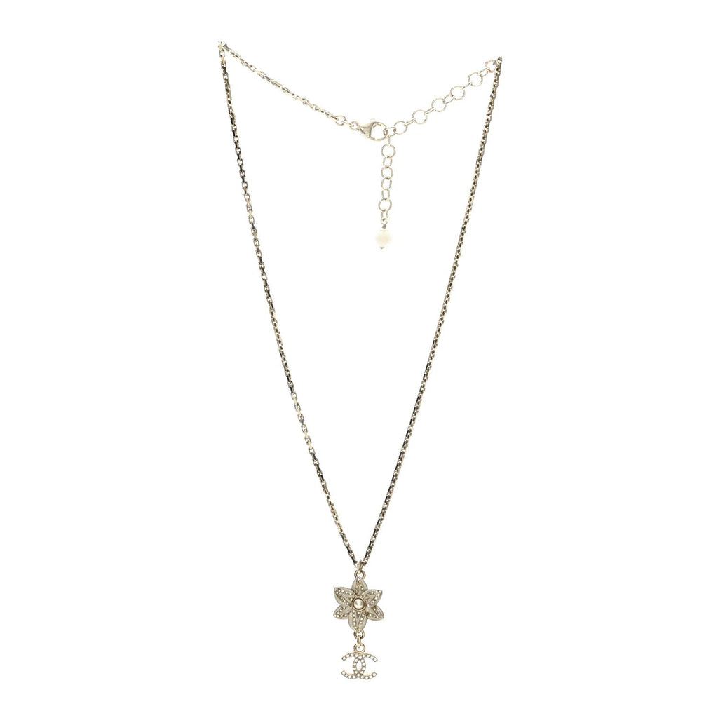 Chanel Crystal CC Flower Drop Necklace White