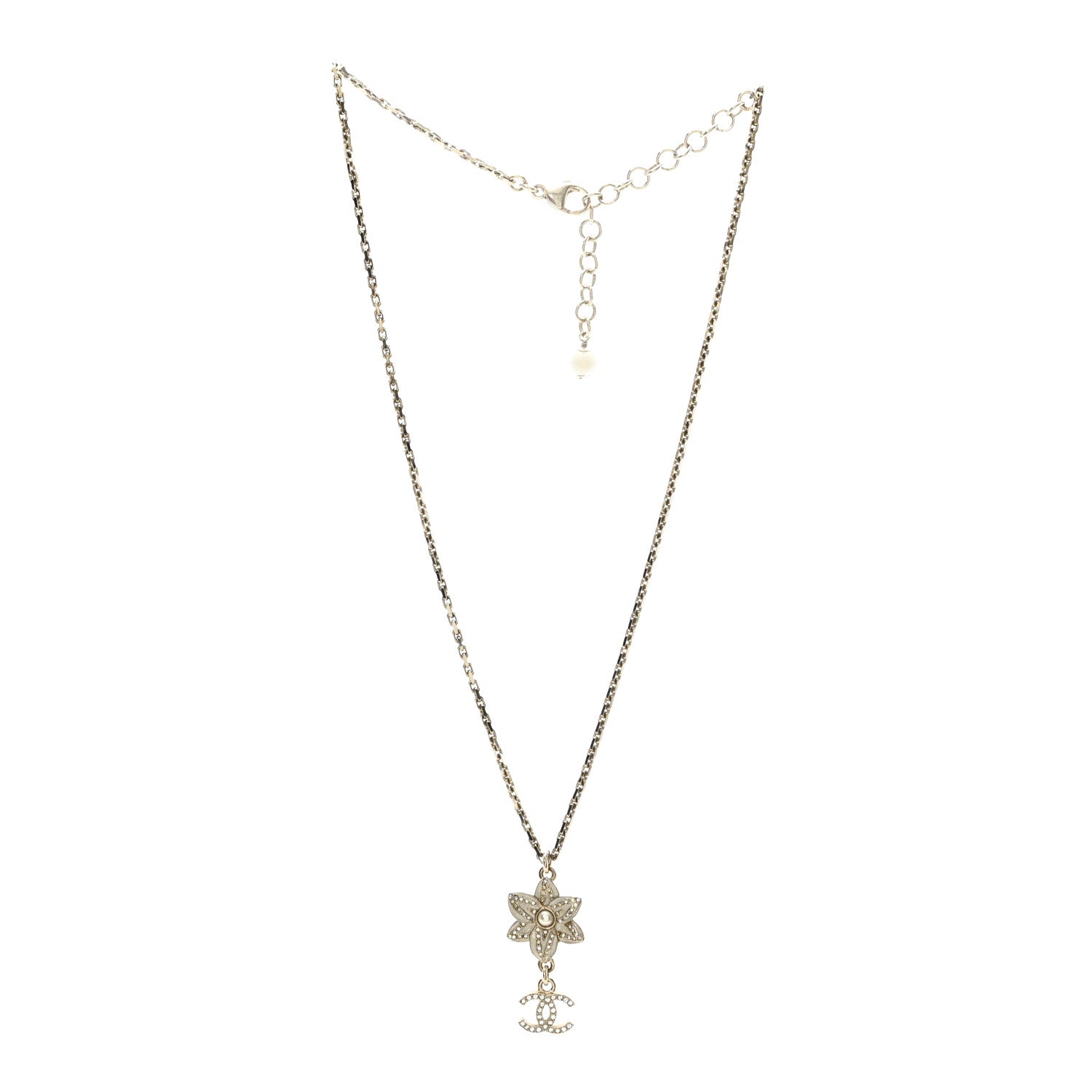 Chanel Crystal CC Flower Drop Necklace White