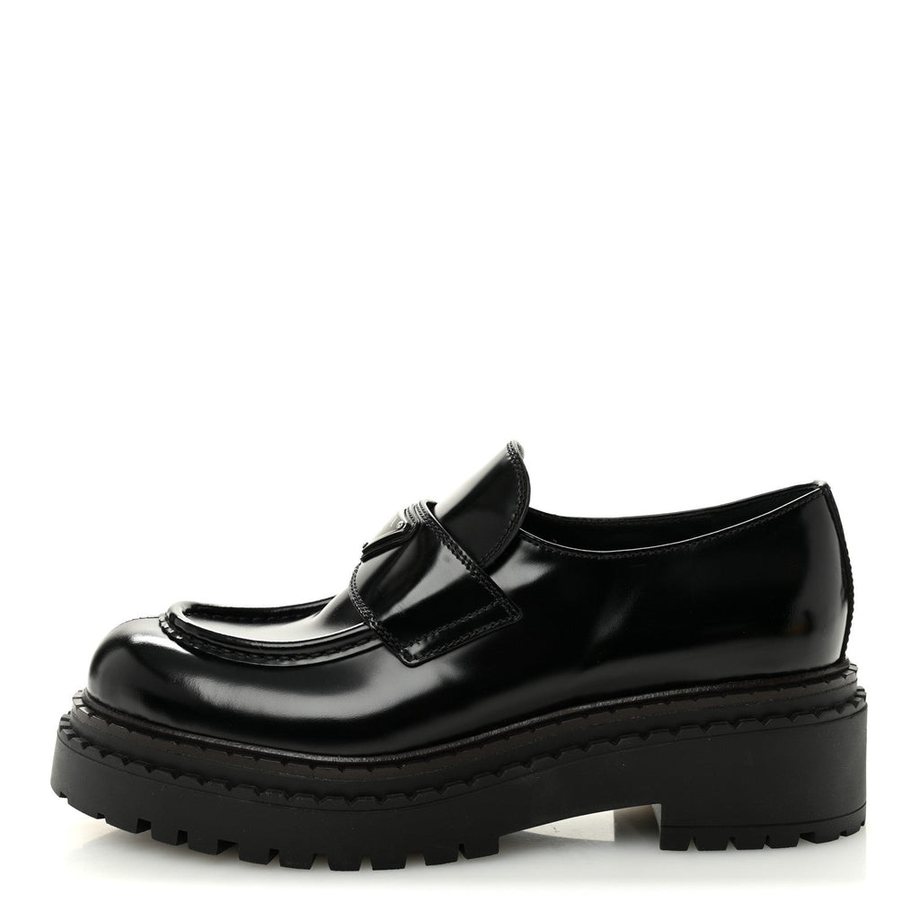 Prada Spazzolato Metal Triangle Logo 50mm Loafers 39 Black