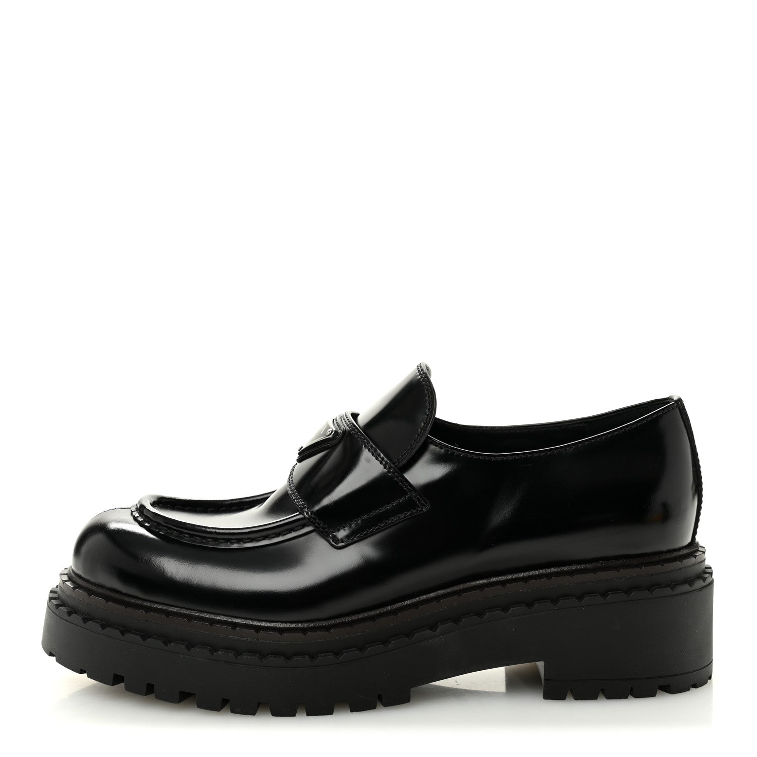 Prada Spazzolato Metal Triangle Logo 50mm Loafers 39 Black